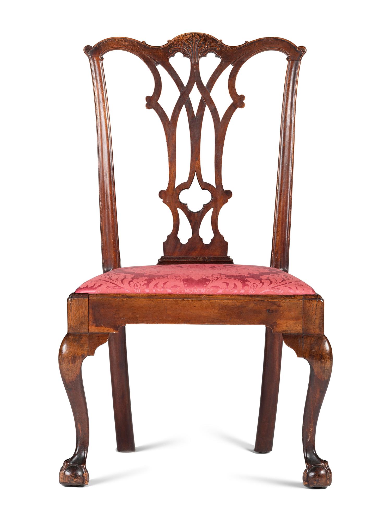 A Chippendale Carved and Figured Mahogany Claw-and-Ball Foot Side Chair