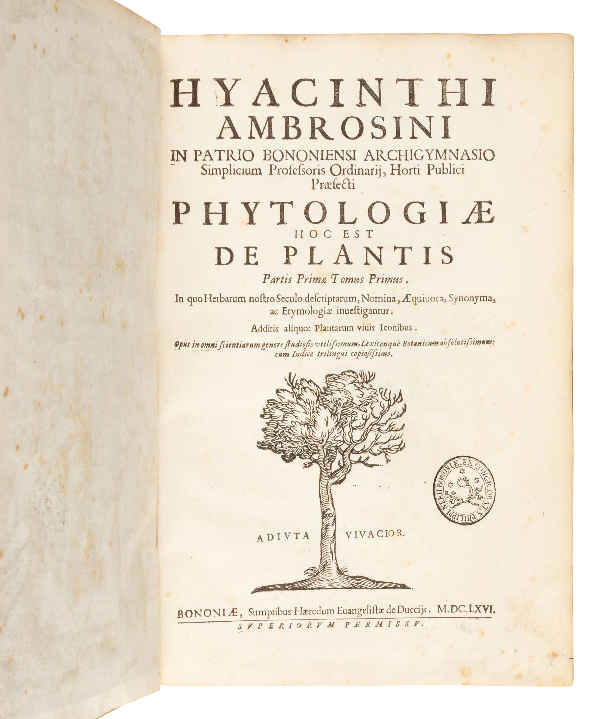 AMBROSINI, Giacinto (1605-1671). Phytologiae; hoc est De Plantis partis primae tomus primus . Bologna: sumptibus Haeredum Evangelistae de Duccijs, 1666.