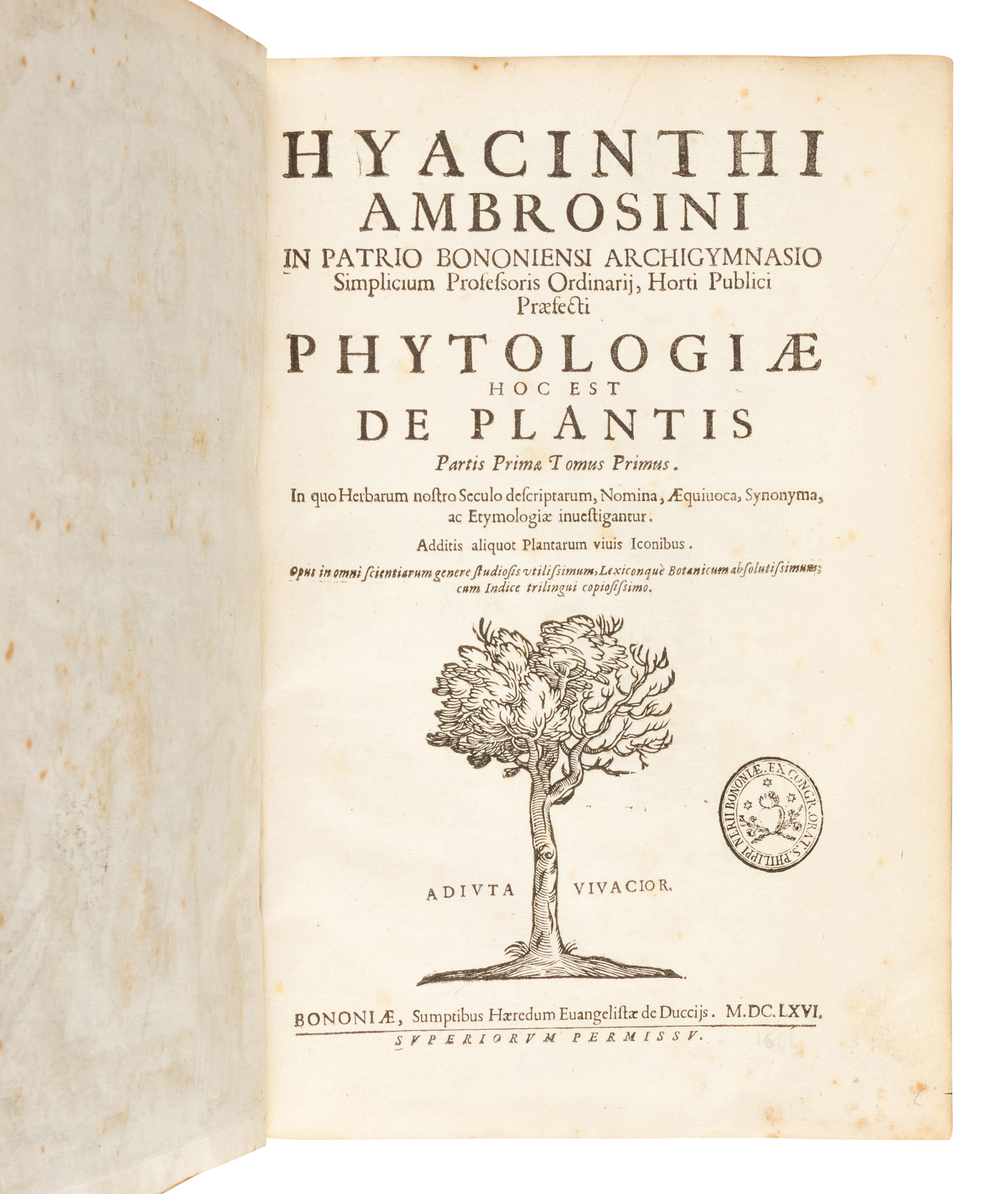 AMBROSINI, Giacinto (1605-1671). Phytologiae; hoc est De Plantis partis primae tomus primus . Bologna: sumptibus Haeredum Evangelistae de Duccijs, 1666.