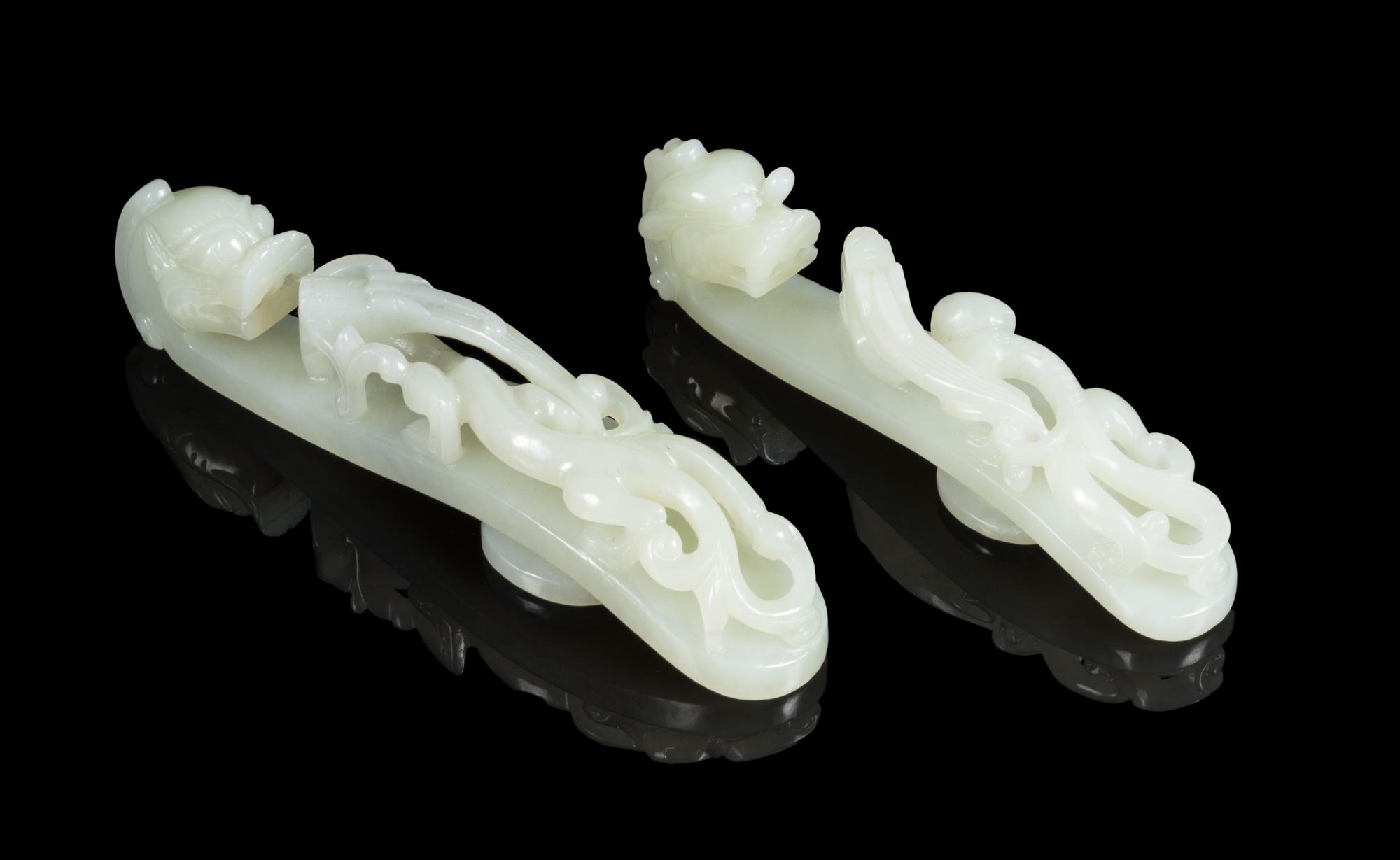 Two Chinese Pale Celadon Jade Belt Hooks