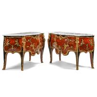 A Pair of Louis XV Style Gilt Bronze Mounted Marble-Top Commodes