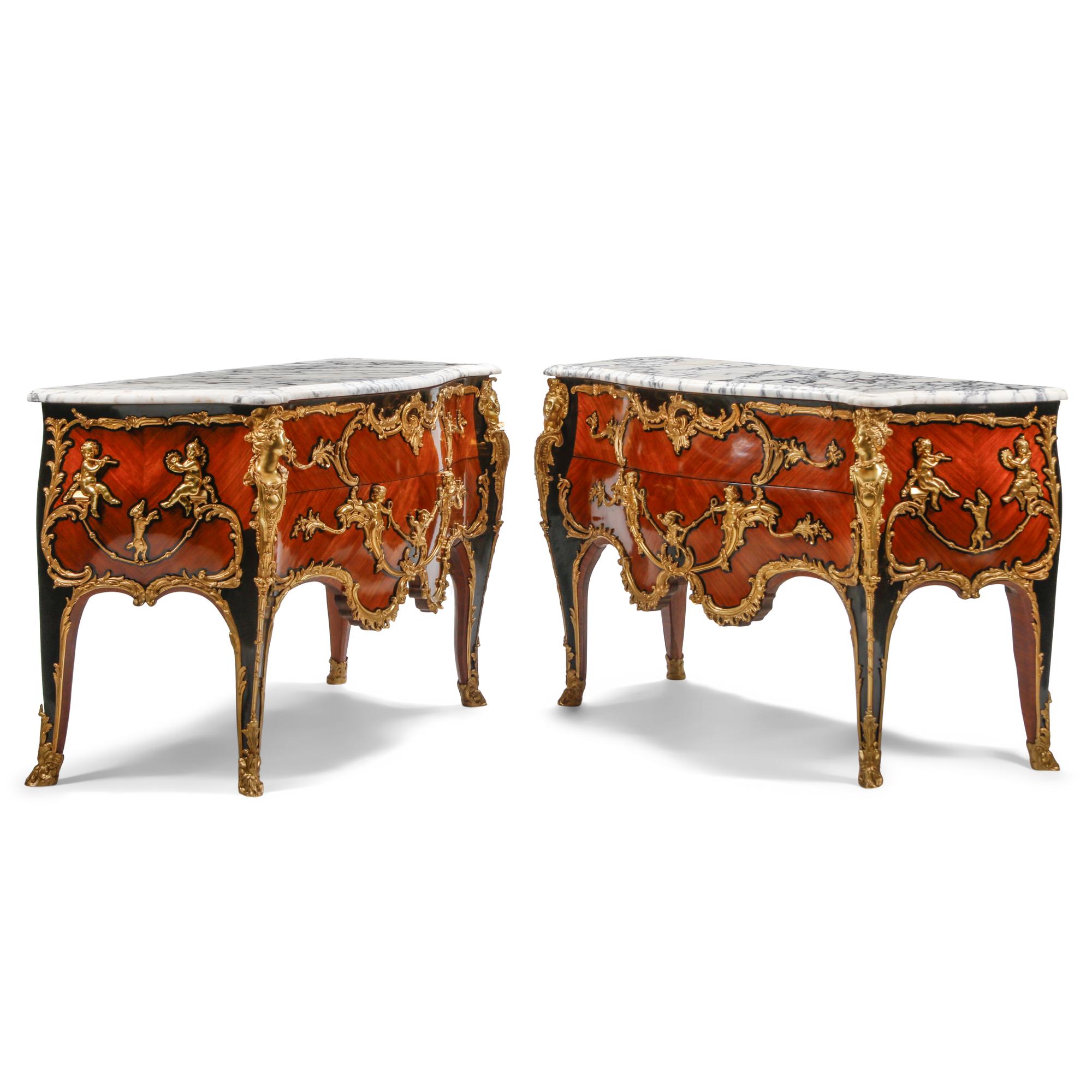 A Pair of Louis XV Style Gilt Bronze Mounted Marble-Top Commodes