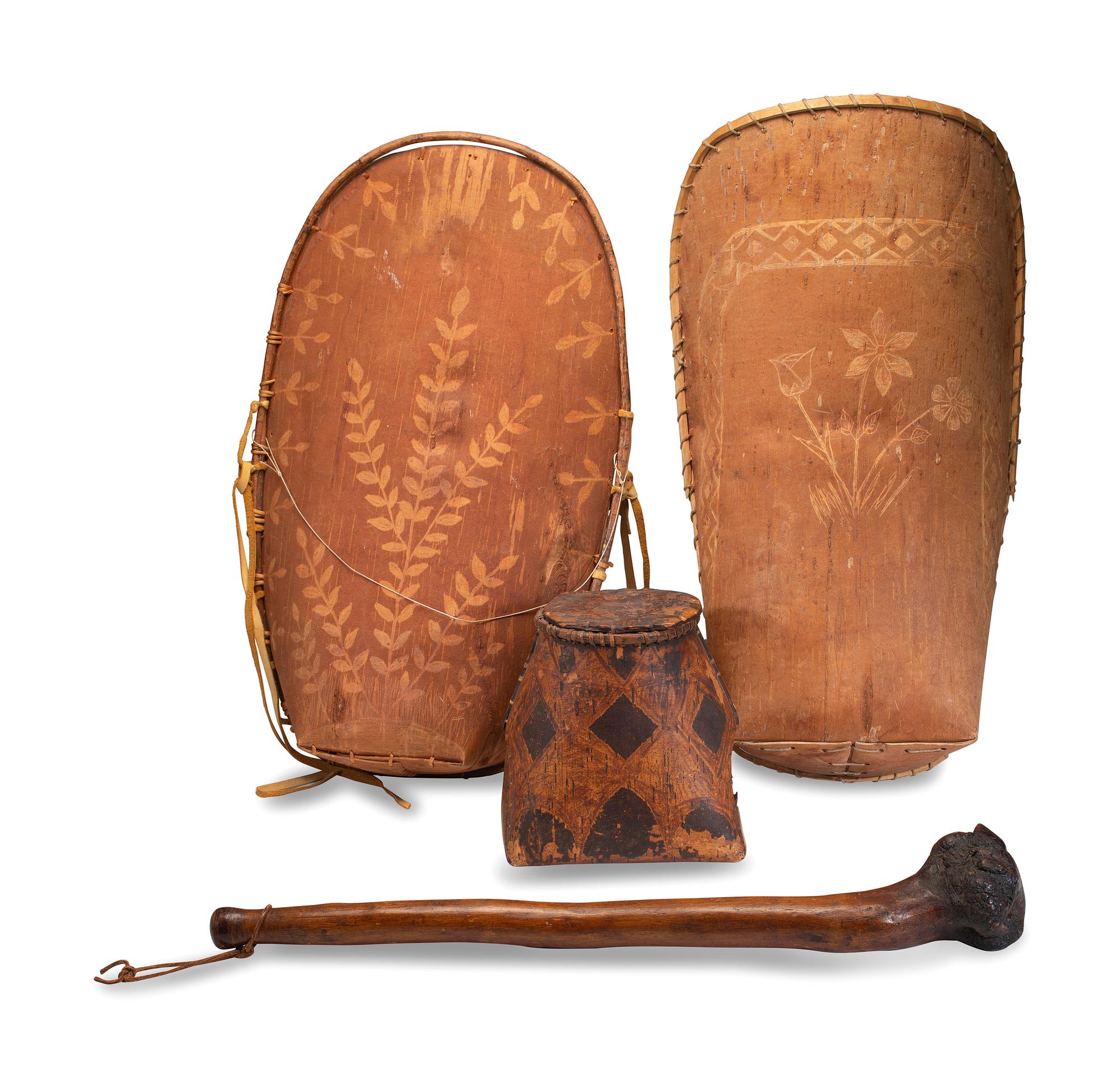 Penobscot Club and Decorated Birchbark Cradles