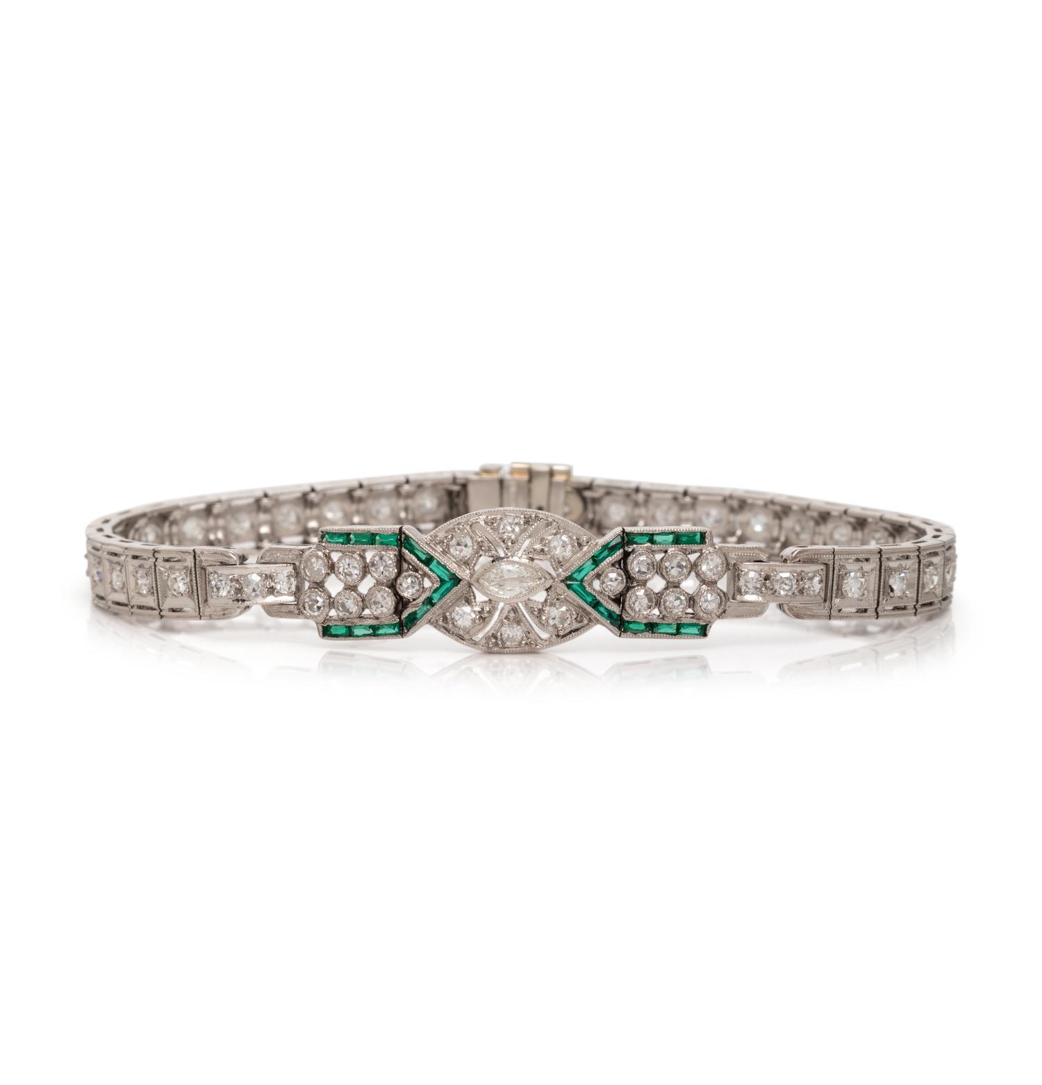 PLATINUM, DIAMOND AND EMERALD BRACELET