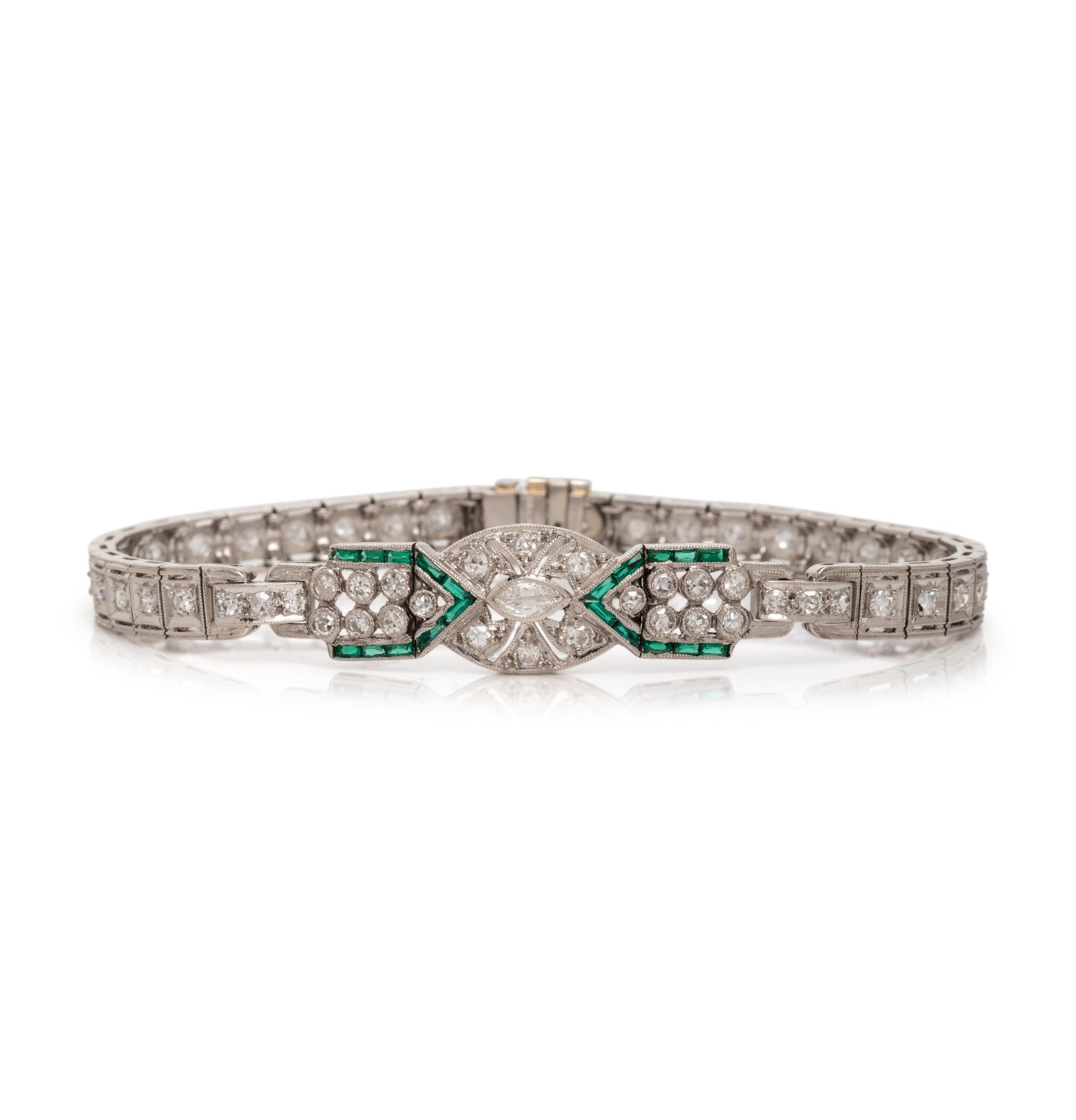 PLATINUM, DIAMOND AND EMERALD BRACELET