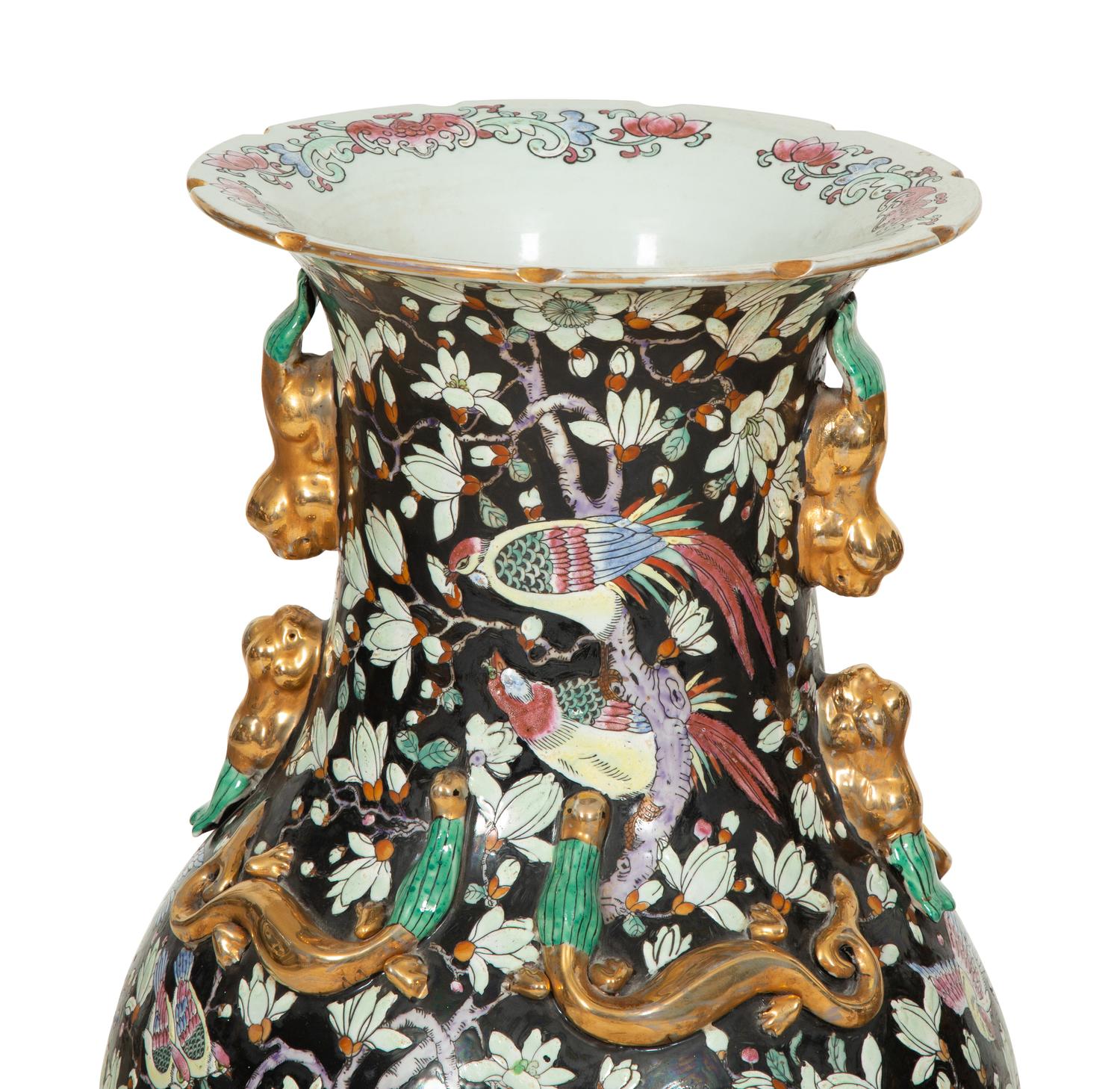 A Near Pair of Chinese Export Famille Noire Porcelain Palace Vases