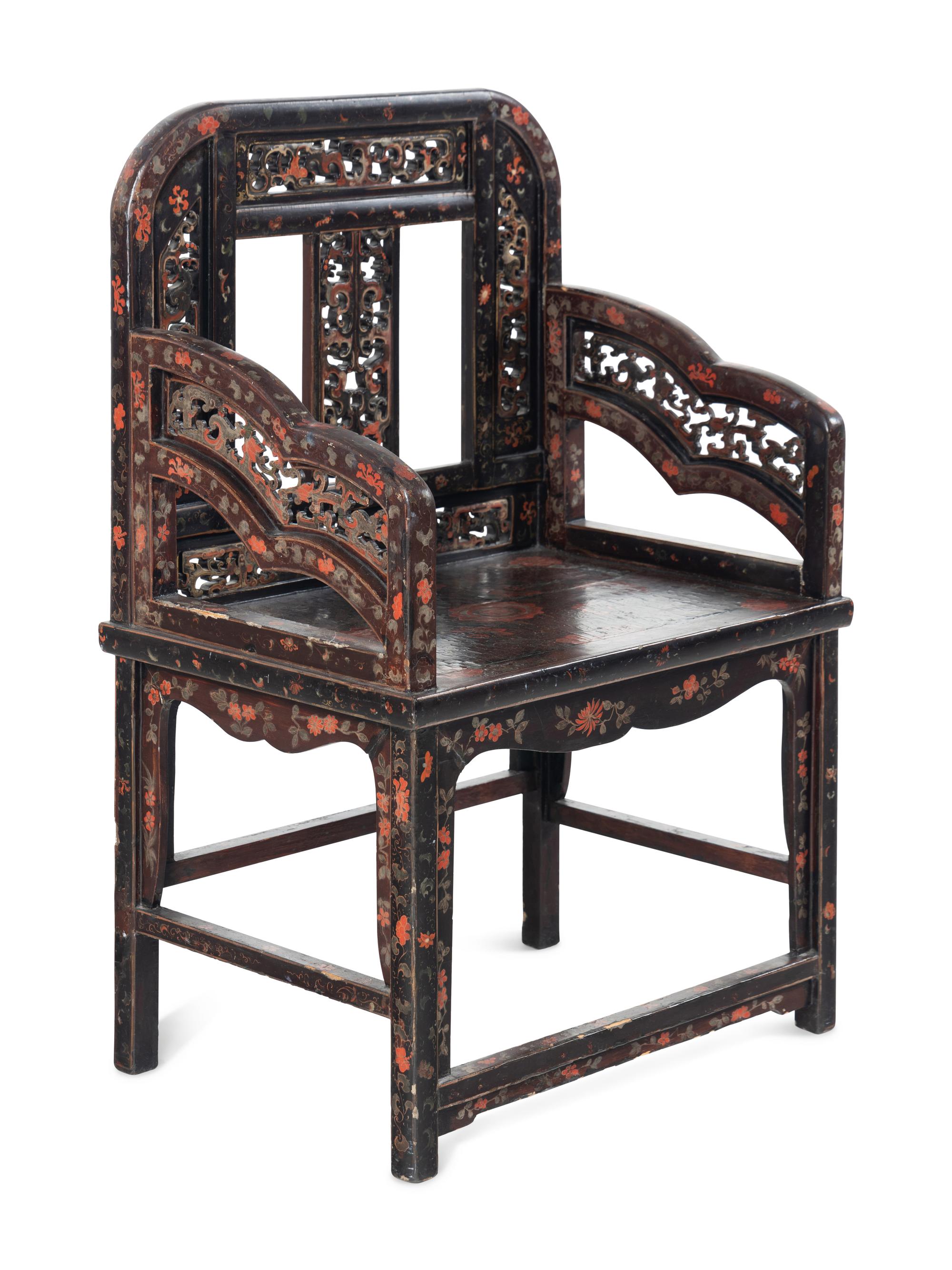 A Chinese Polychrome Lacquered Wood Armchair