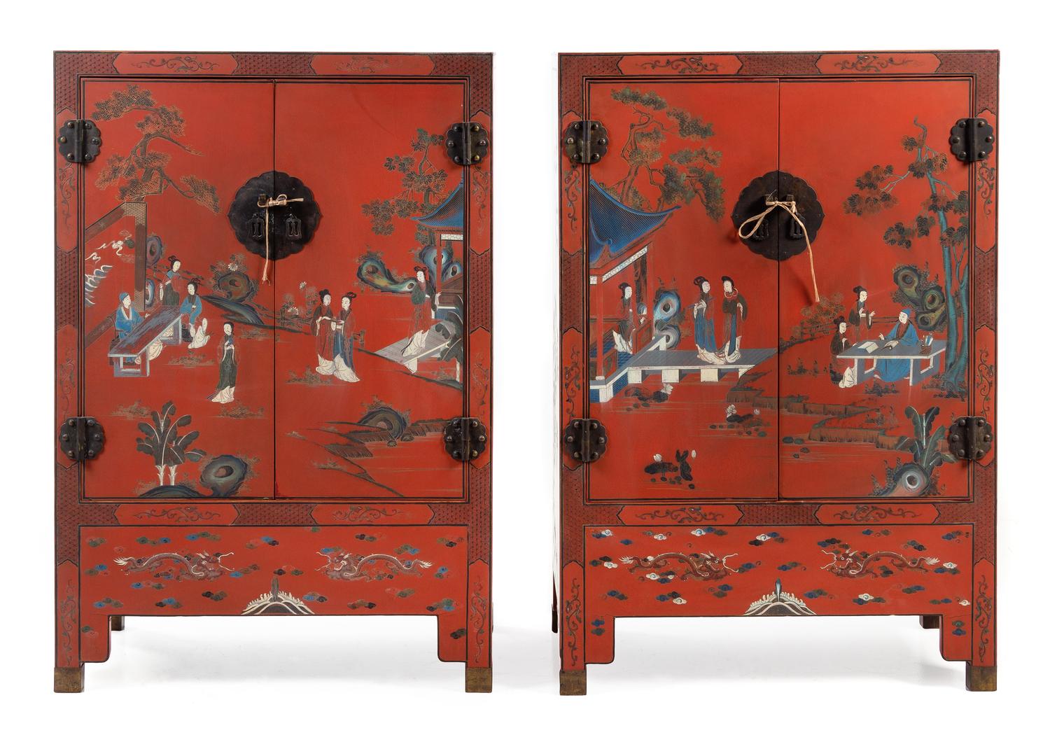 A Pair of Chinese Red Lacquered Wood Cabinets