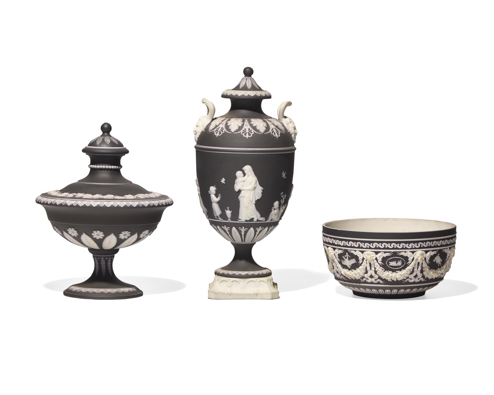 Three Wedgwood Black Jasperware Table Articles
