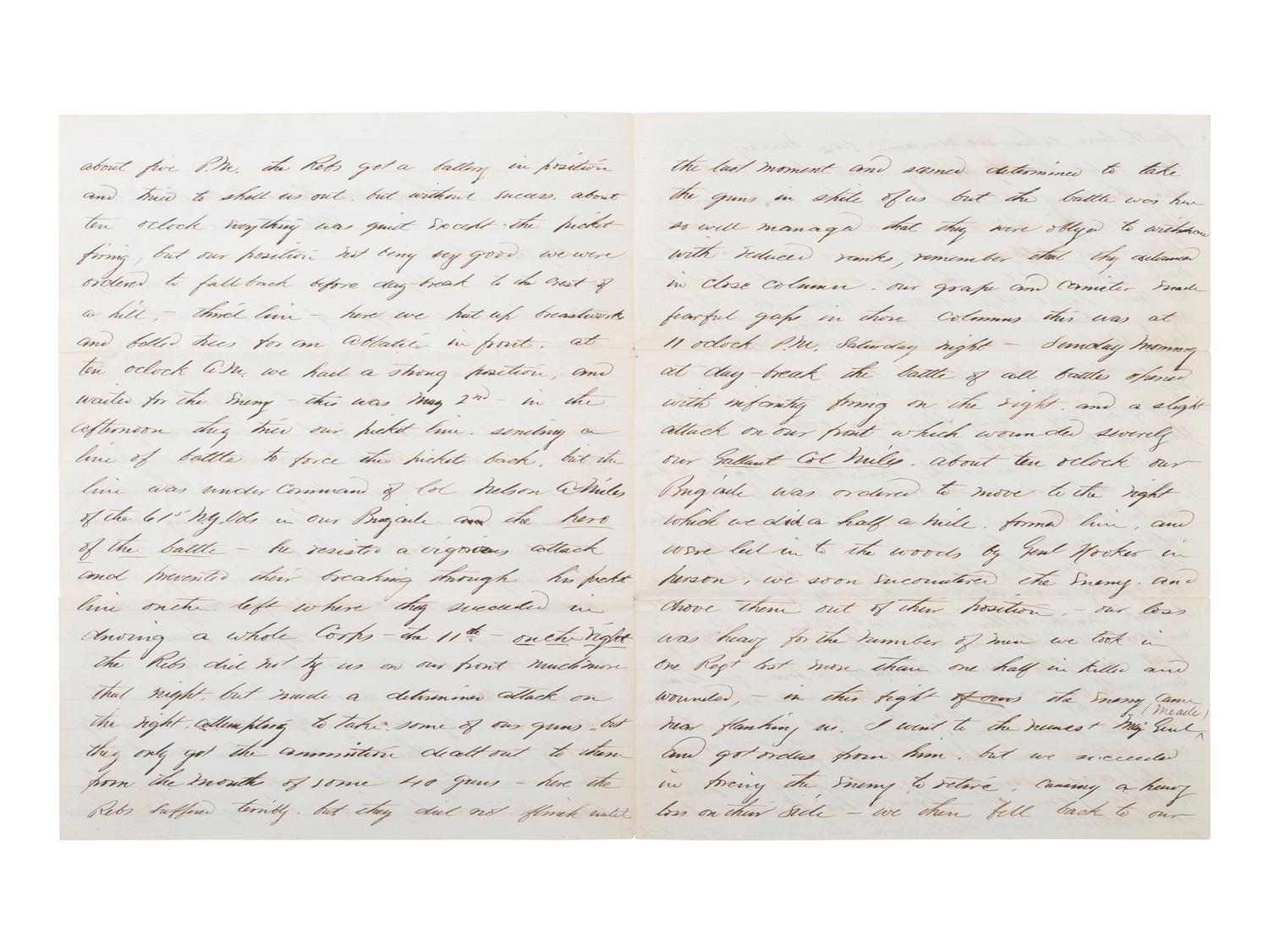 [CIVIL WAR]. Battle of Chancellorsville letter with hand-drawn map of the battlefield, written 5 days after the battle by First Lieutenant Daniel K. Cross, 5th New Hampshire Infantry. "Camp near Falmouth Va," 8 May 1863.