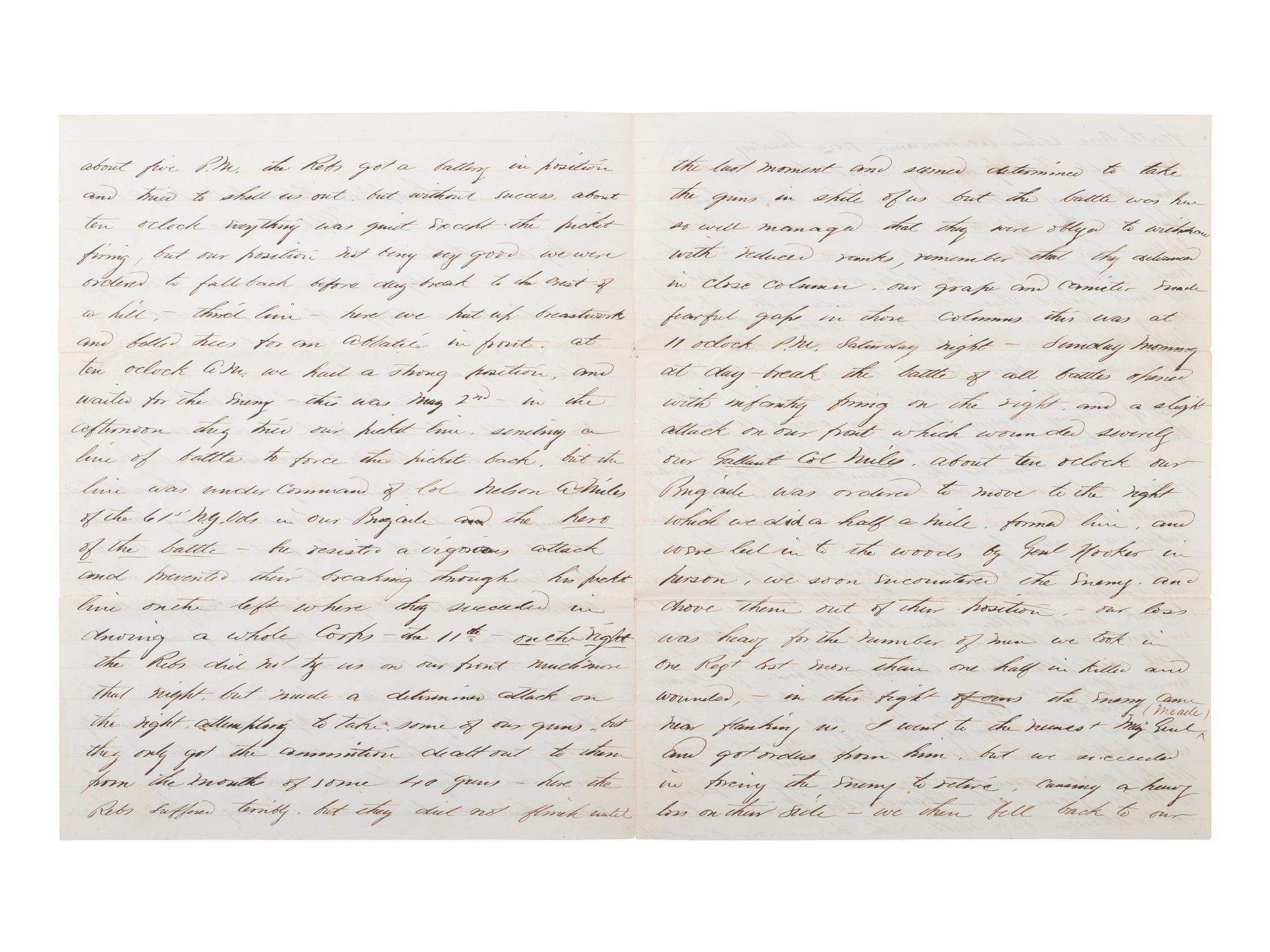 [CIVIL WAR]. Battle of Chancellorsville letter with hand-drawn map of the battlefield, written 5 days after the battle by First Lieutenant Daniel K. Cross, 5th New Hampshire Infantry. "Camp near Falmouth Va," 8 May 1863.