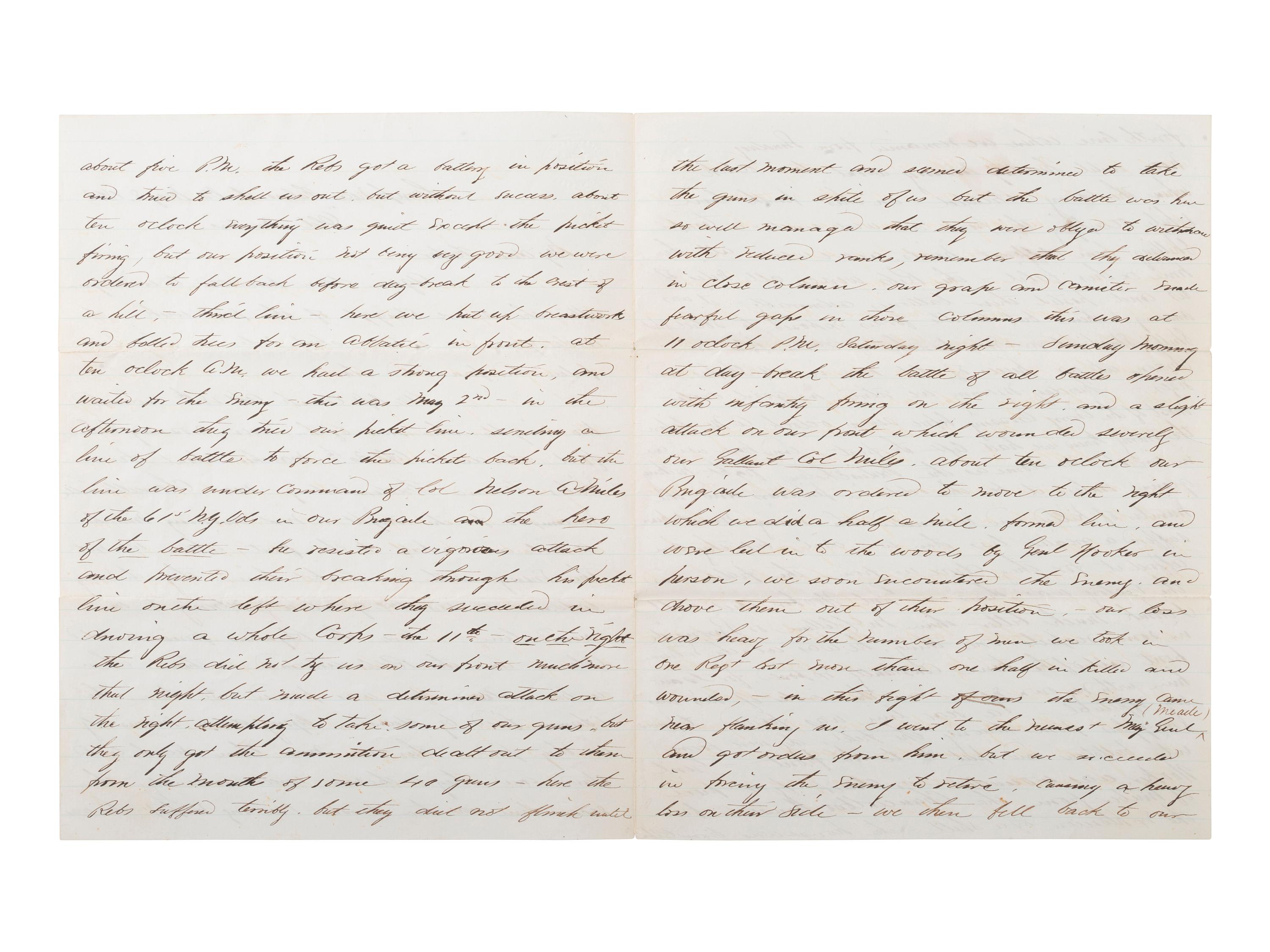 [CIVIL WAR]. Battle of Chancellorsville letter with hand-drawn map of the battlefield, written 5 days after the battle by First Lieutenant Daniel K. Cross, 5th New Hampshire Infantry. "Camp near Falmouth Va," 8 May 1863.