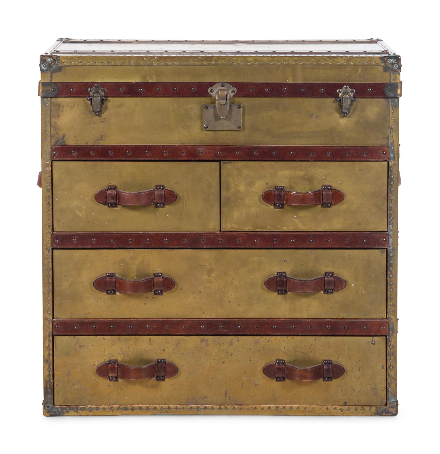 A Brass Clad Leather Mounted Steamer Chest