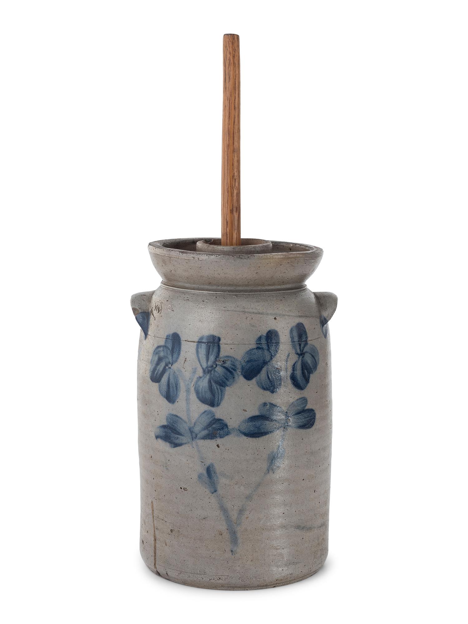 A Cobalt Decorated 1 1/2 Gallon Stoneware Butter Churn