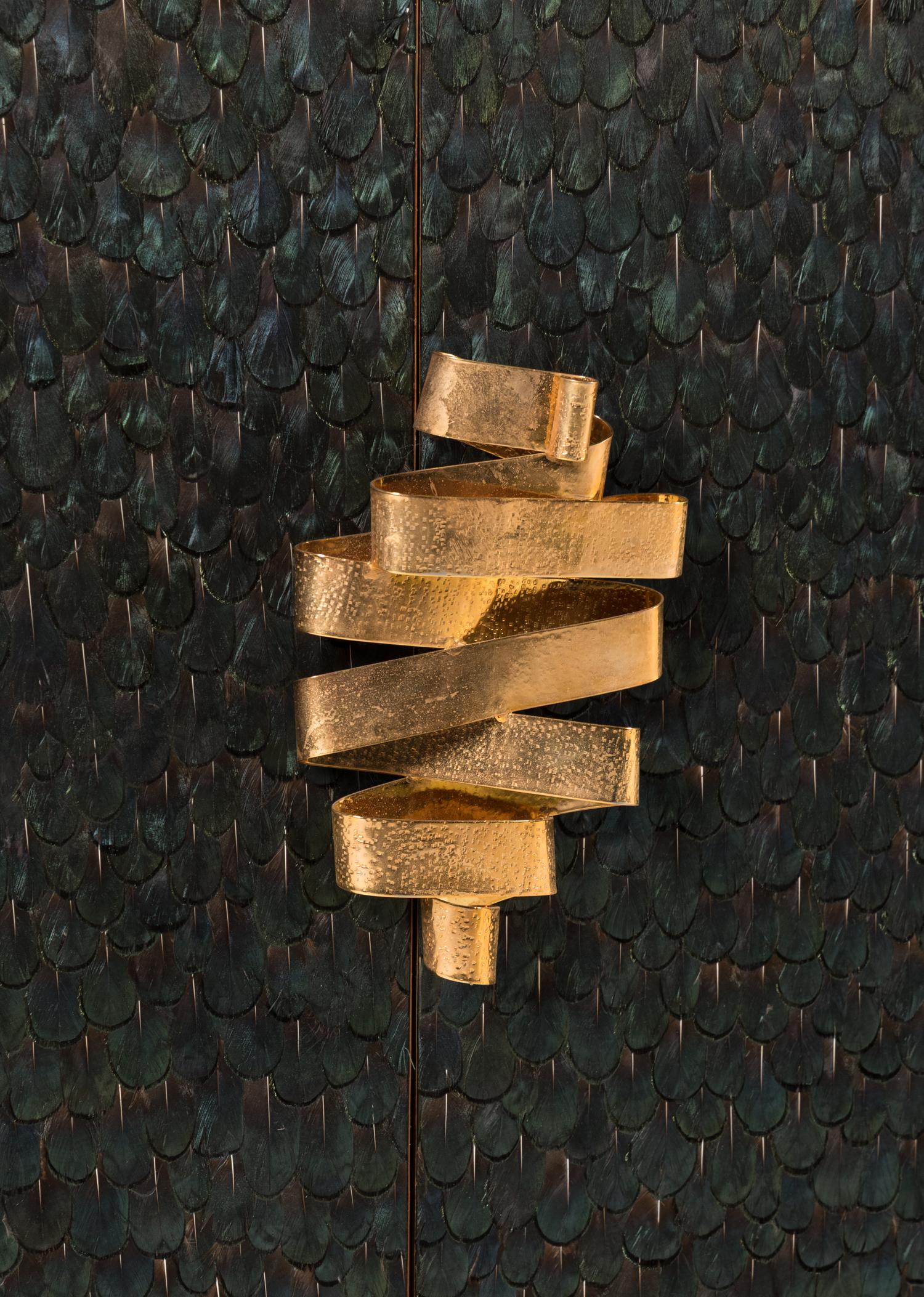 A Pair of Custom Koket Gilt Metal Mounted and Peacock Feather-Inset Giltwood Divine Cabinets
