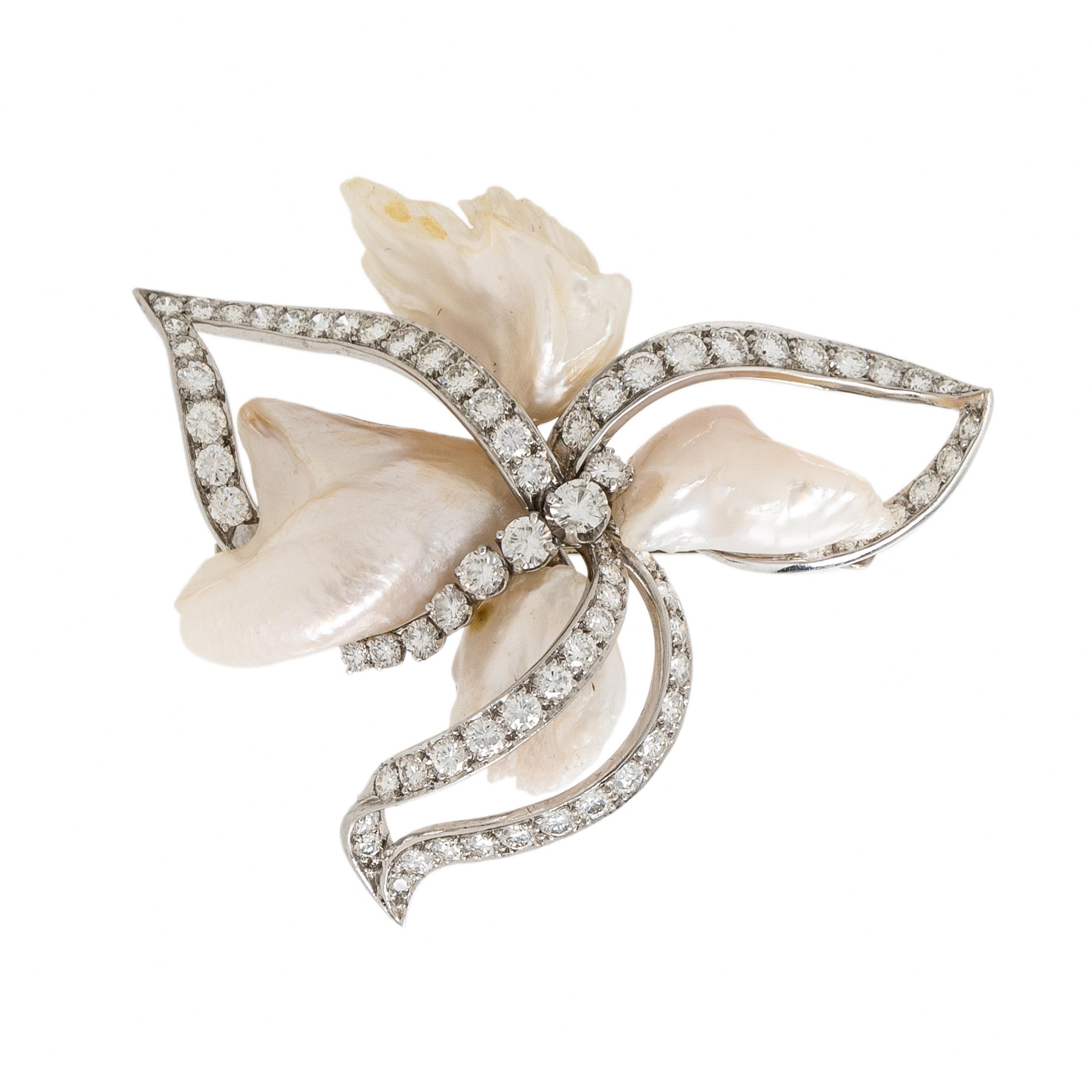 Ruser, Baroque Cultured Pearl, Diamond, White Gold, and Platinum Brooch