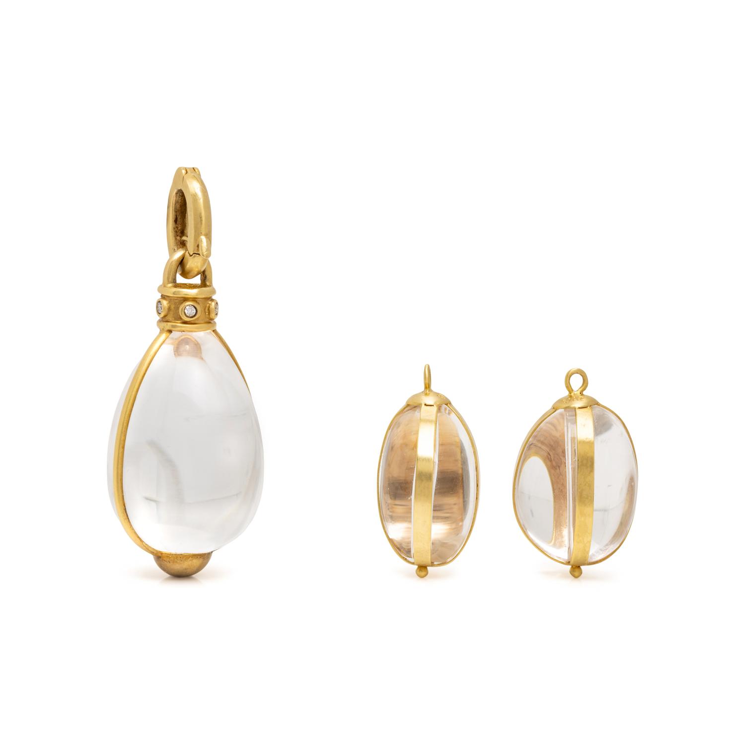 MAZ, COLLECTION OF ROCK CRYSTAL, GLASS, DIAMOND, AND GOLD PENDANTS