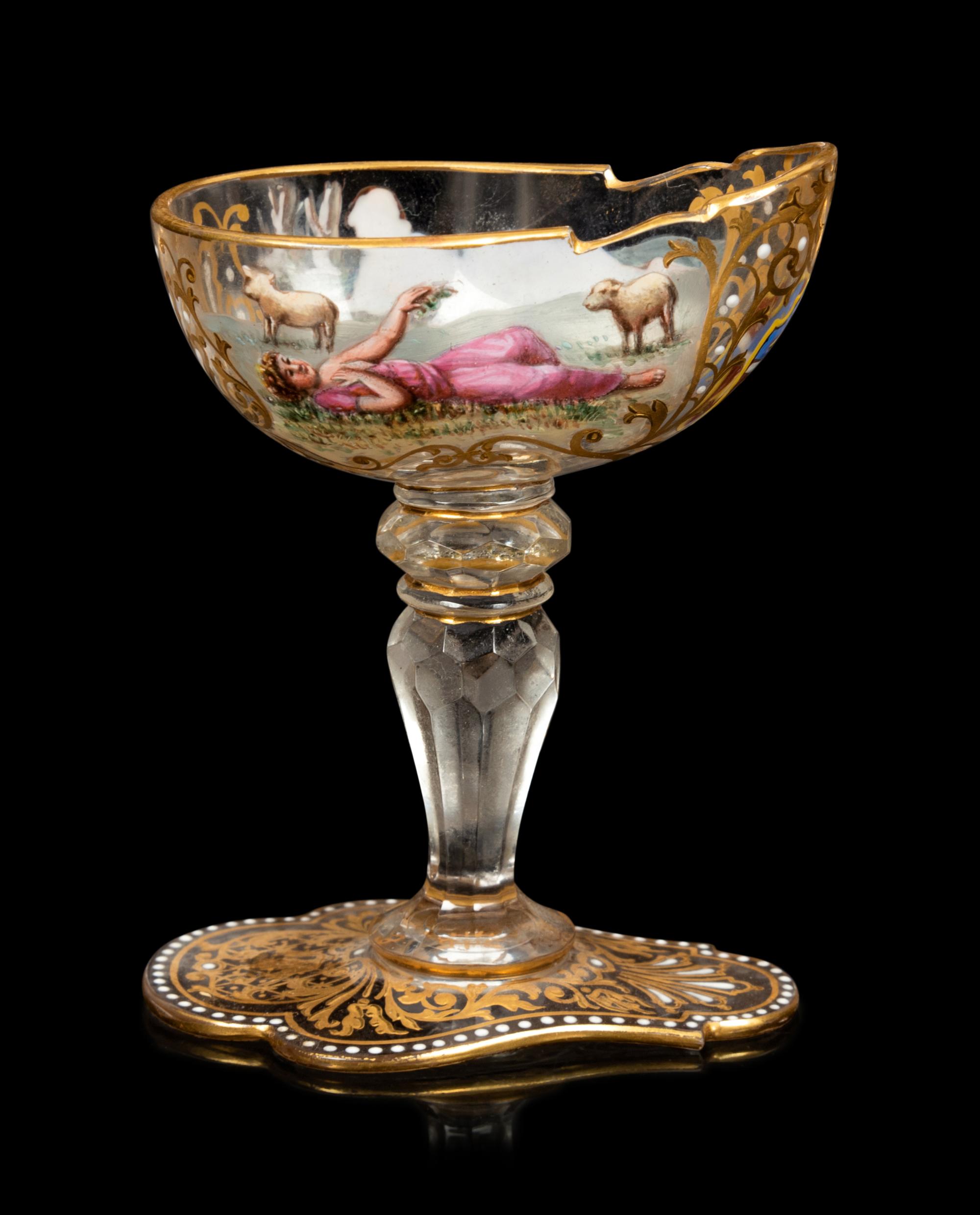A Set of Eight Venetian Enameled Glass Champagne Coupes and a Group of Gilt Decorated Glass Table Articles