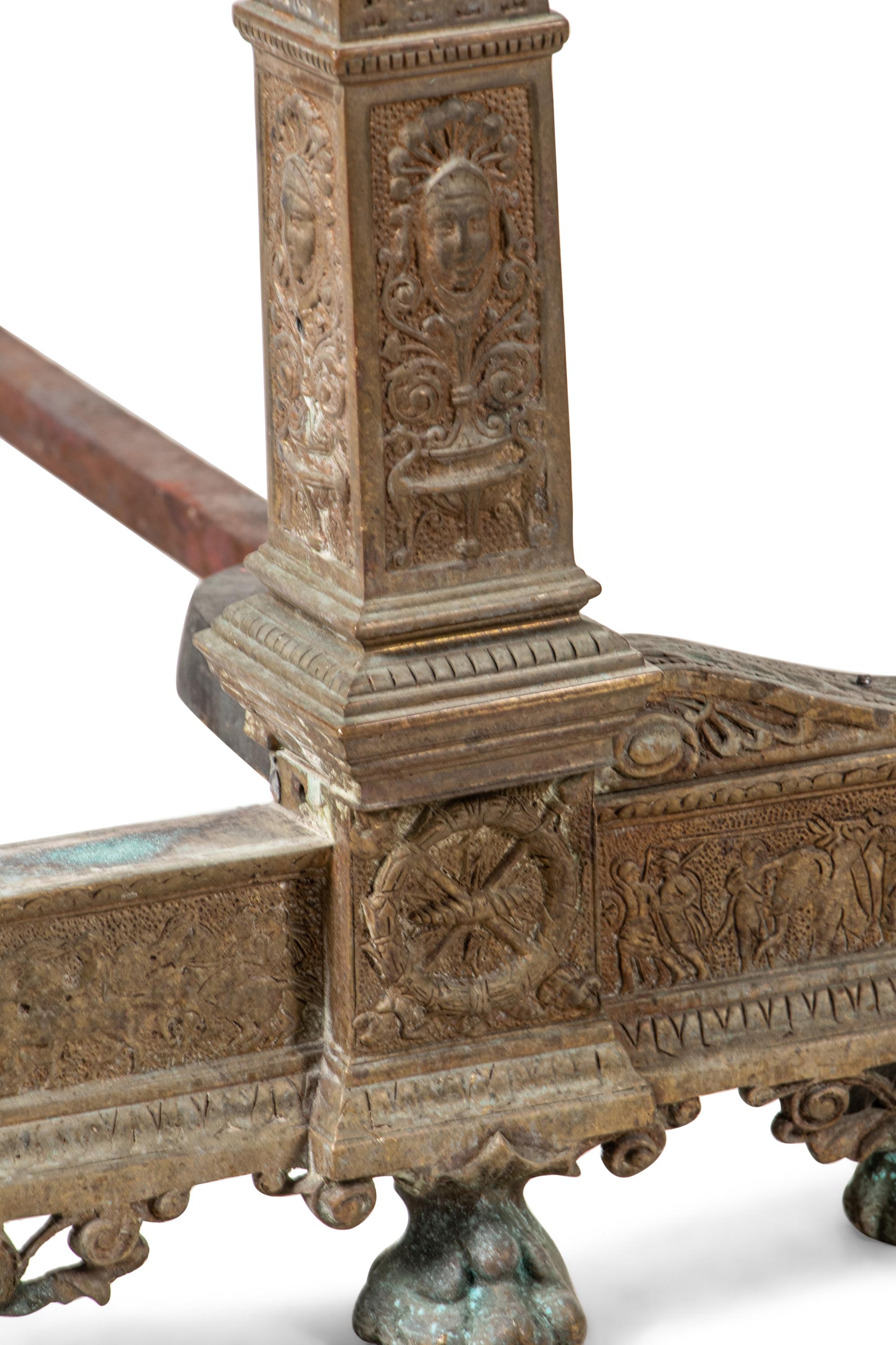 A Pair of Continental Gilt Bronze Andirons with Corinthian Columnar Capitals
