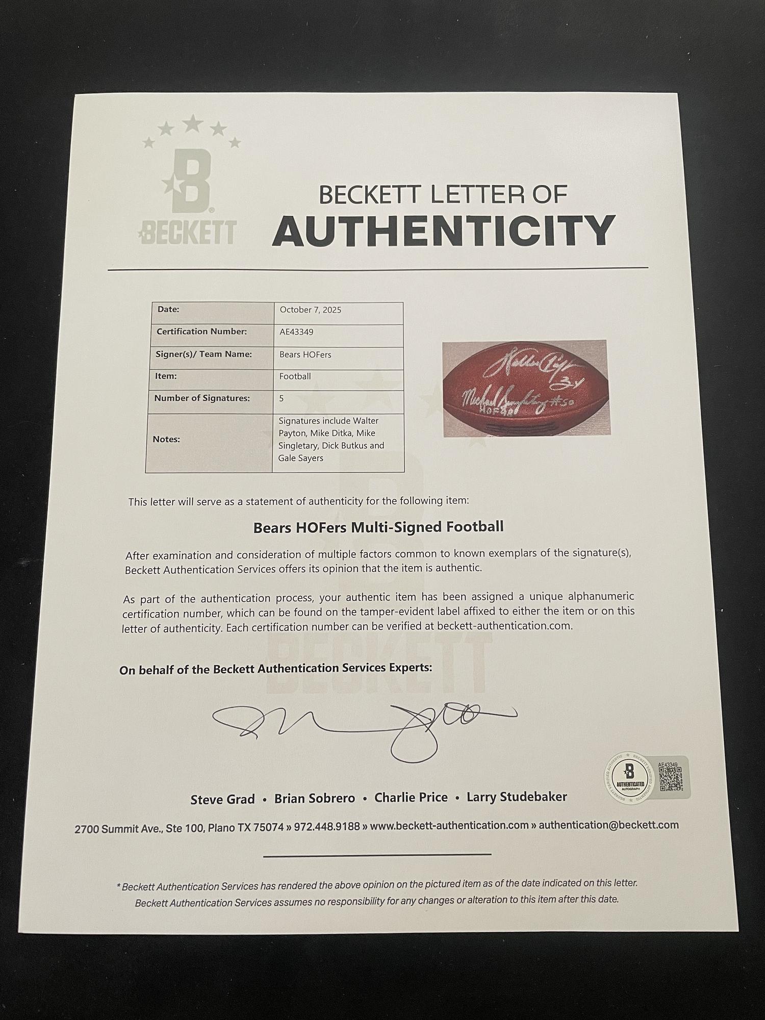 A Chicago Bears Hall of Fame Signed Autograph Football Including Walter Payton (Beckett Authentication Services Letter)