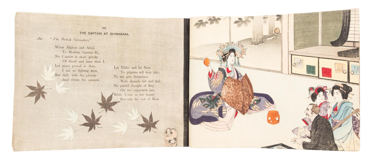 EDWARDS, OSMAN. Residential Rhymes. Tokyo, n.d. [c. 1900] with 22 color woodblocks on crepe paper.