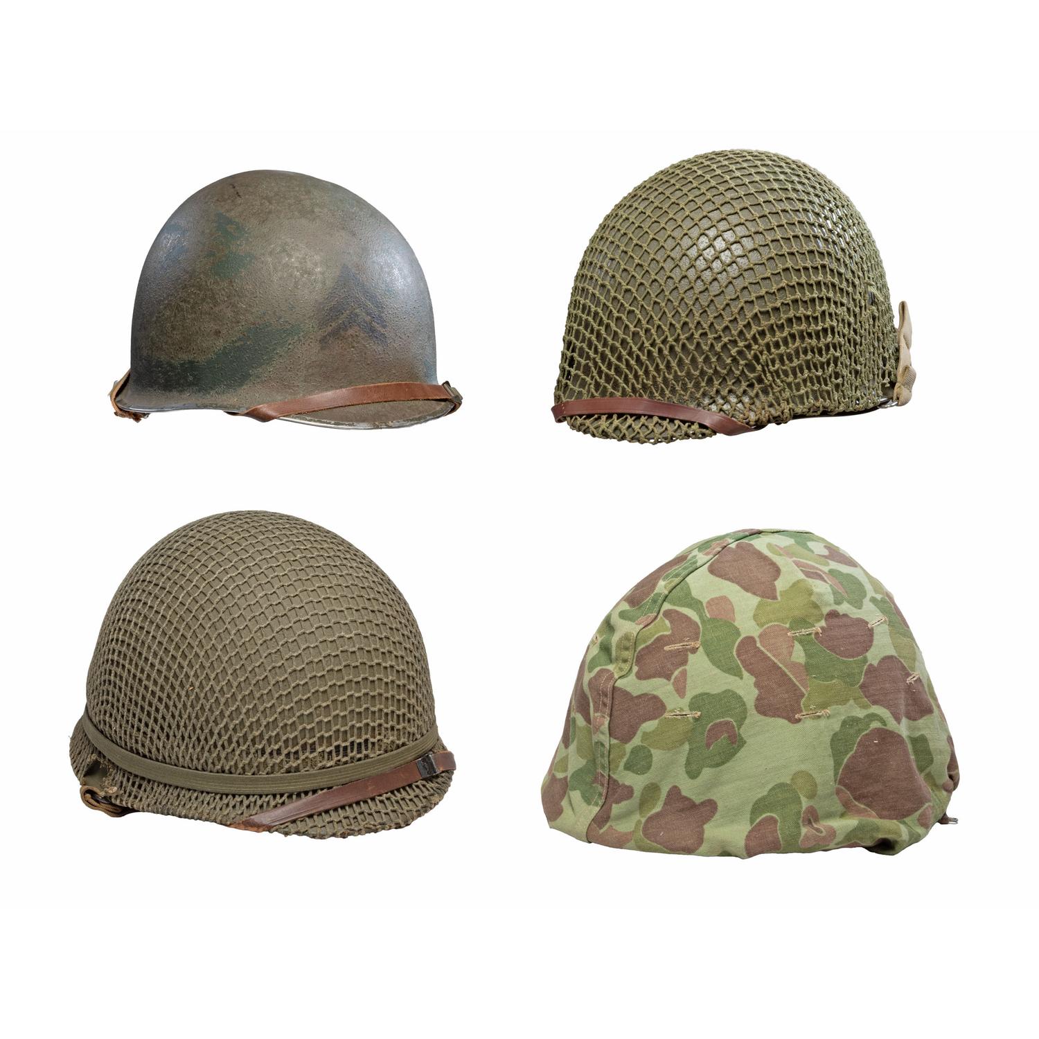 Four US M1 Helmets: (1) Fixed Bale Front Seam, (2) Swivel Bale Front Seam & (1) Swivel Bale Rear Seam