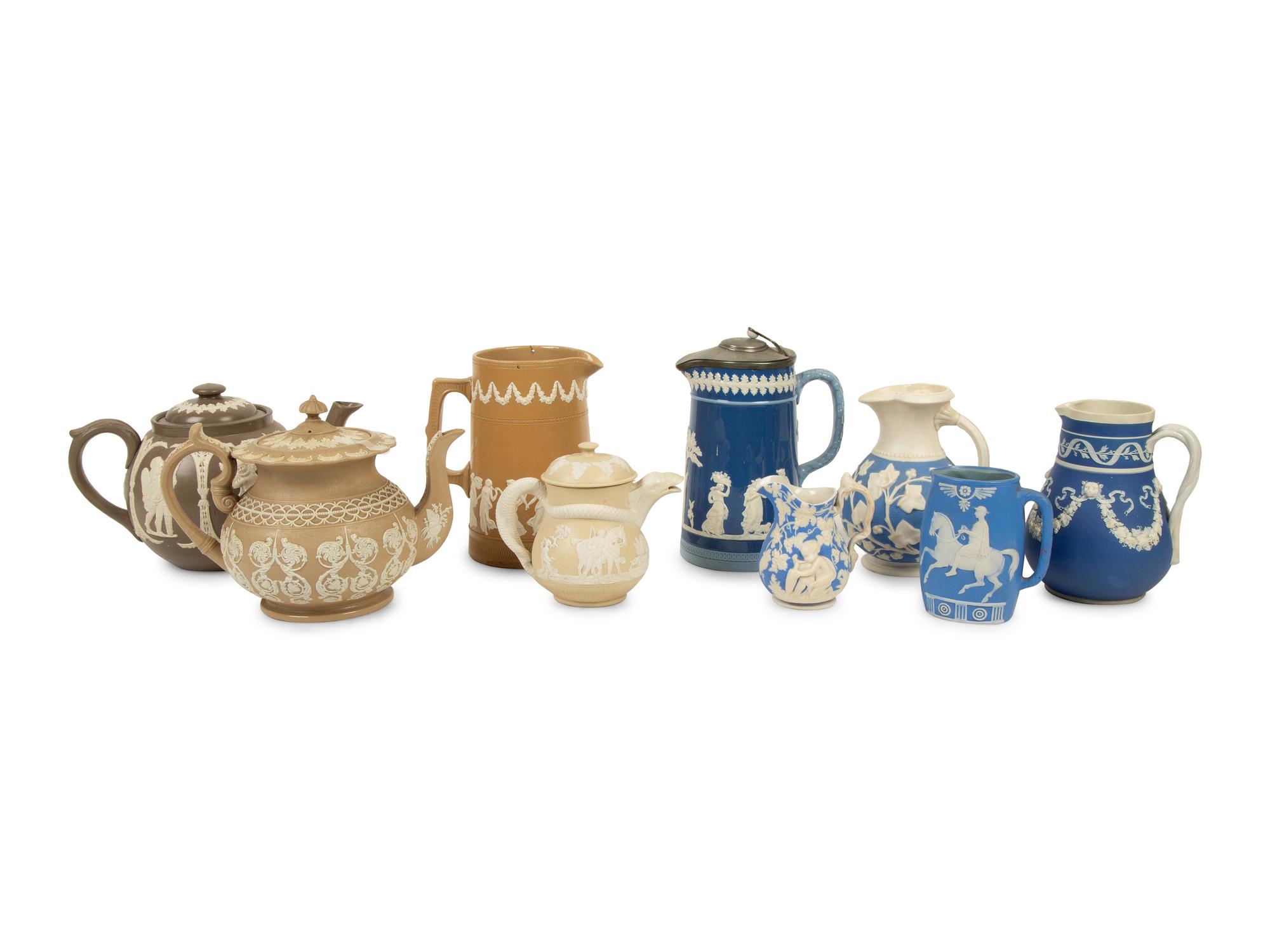 A Collection of Nine English Salt Glazed Relief Form Teapots, Pitchers and Creamers — 19TH/20TH CENTURY