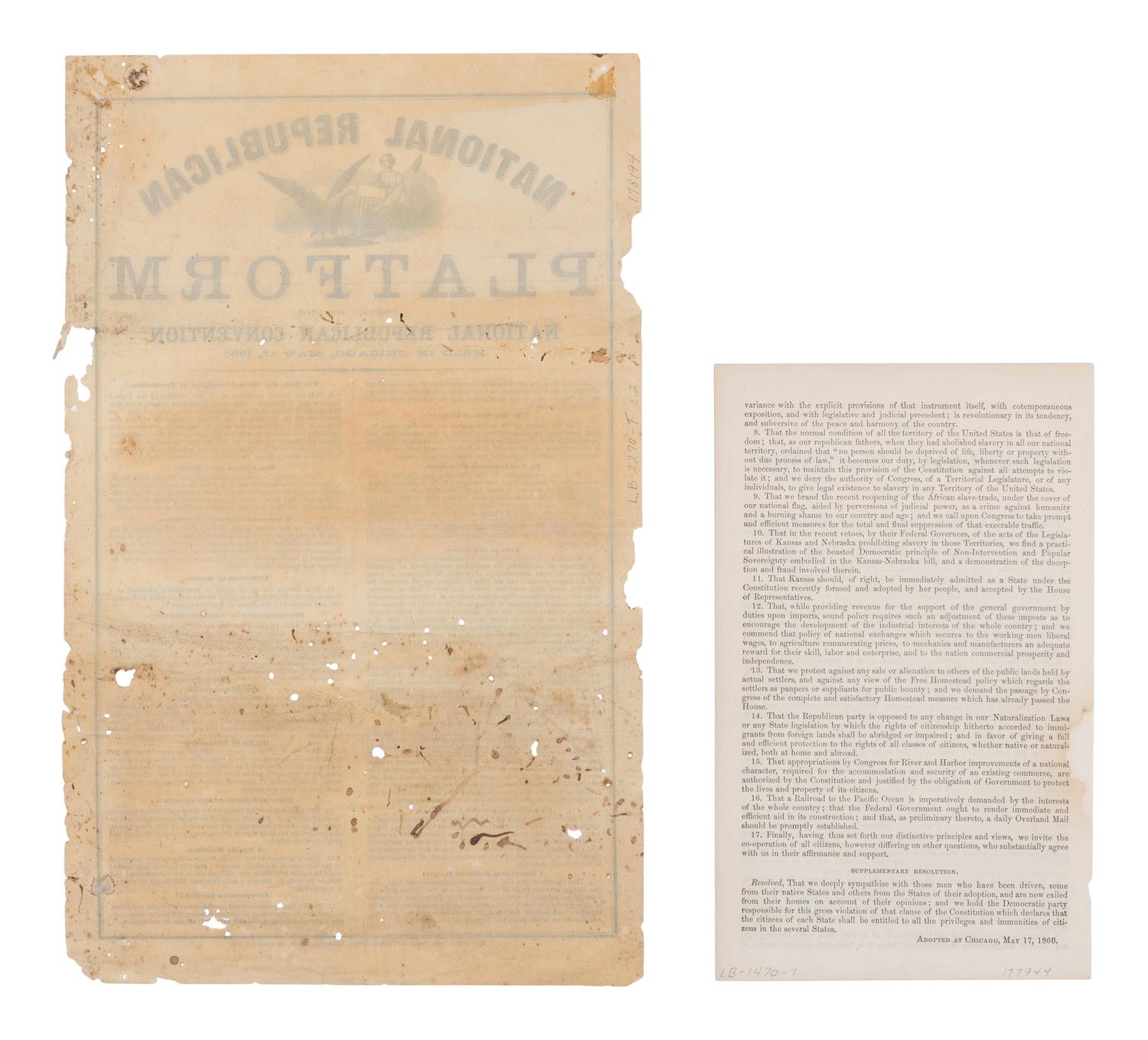 [LINCOLN-HAMLIN CAMPAIGN]. National Republican Platform Adopted by the National Republican Convention, held in Chicago, May 17, 1860 . Chicago: Press & Tribune Office, 1860.
