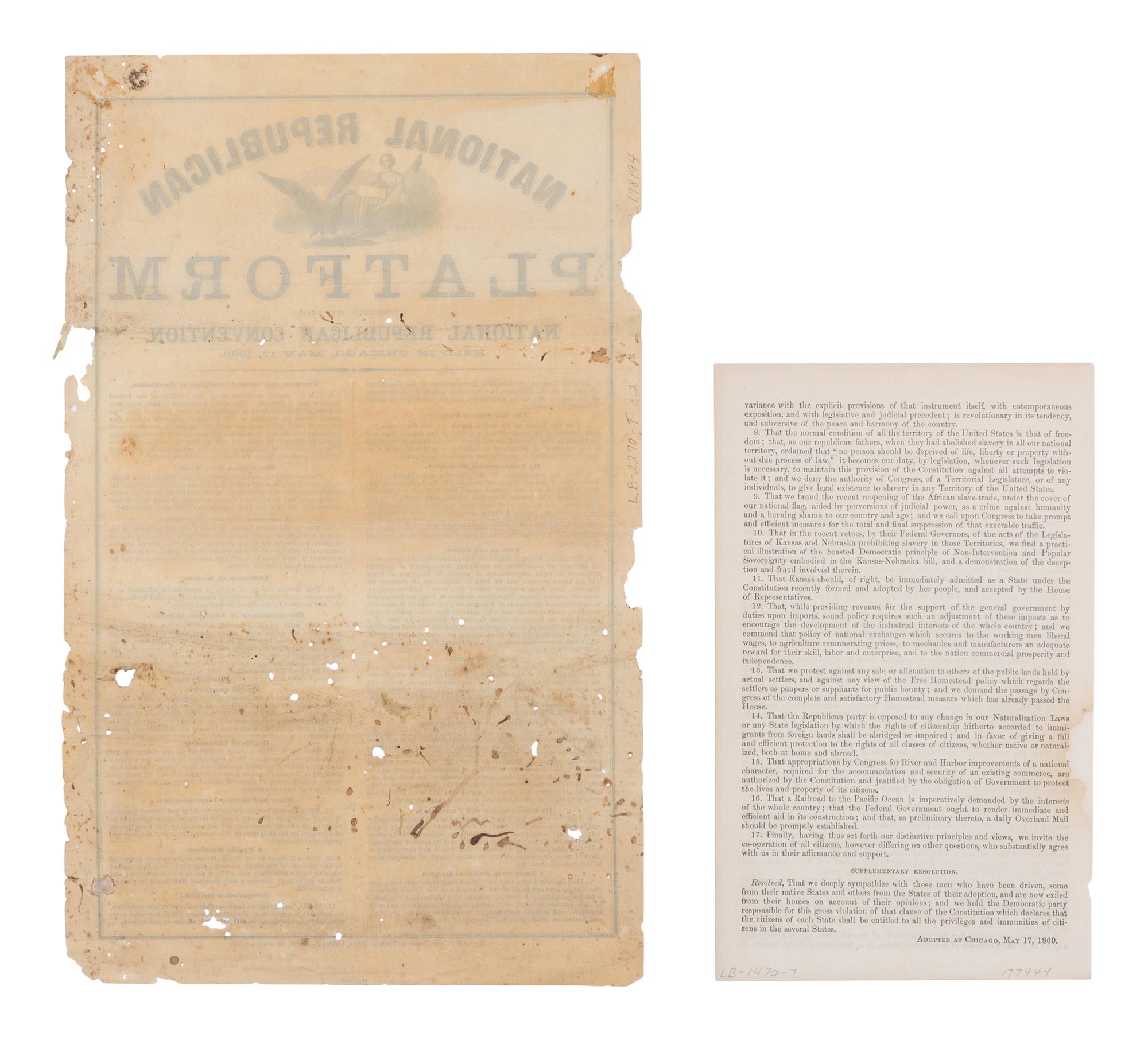 [LINCOLN-HAMLIN CAMPAIGN]. National Republican Platform Adopted by the National Republican Convention, held in Chicago, May 17, 1860 . Chicago: Press & Tribune Office, 1860.