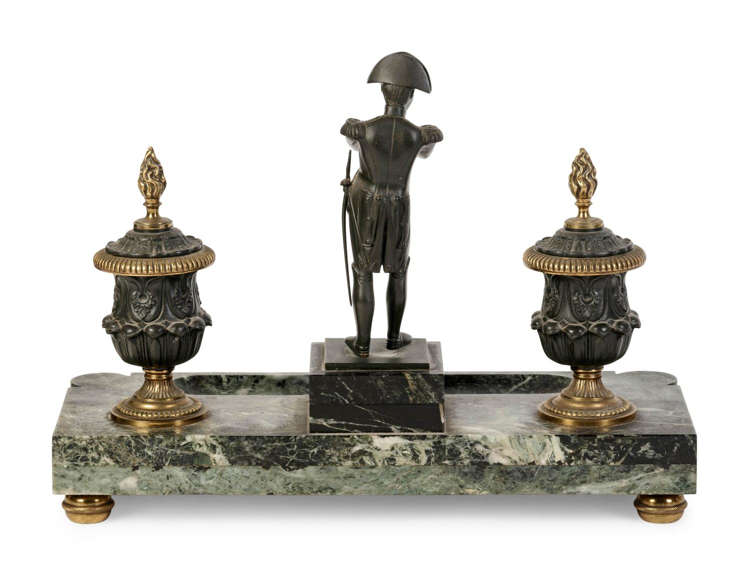 An Empire Style Gilt Bronze and Marble Figural Encrier