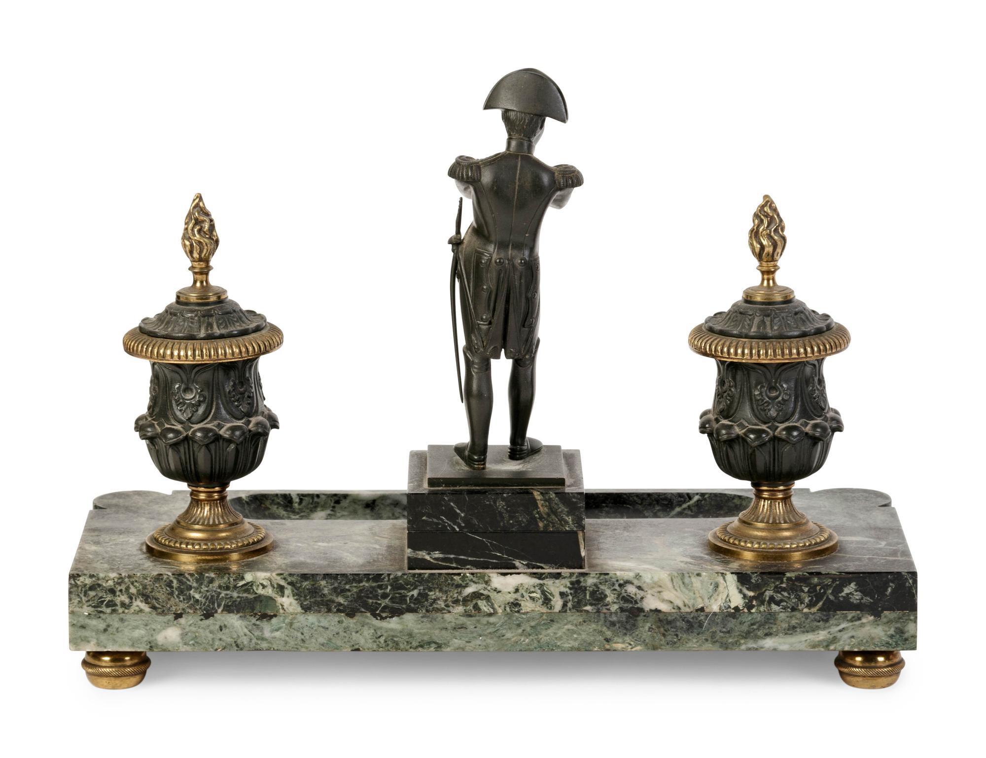 An Empire Style Gilt Bronze and Marble Figural Encrier