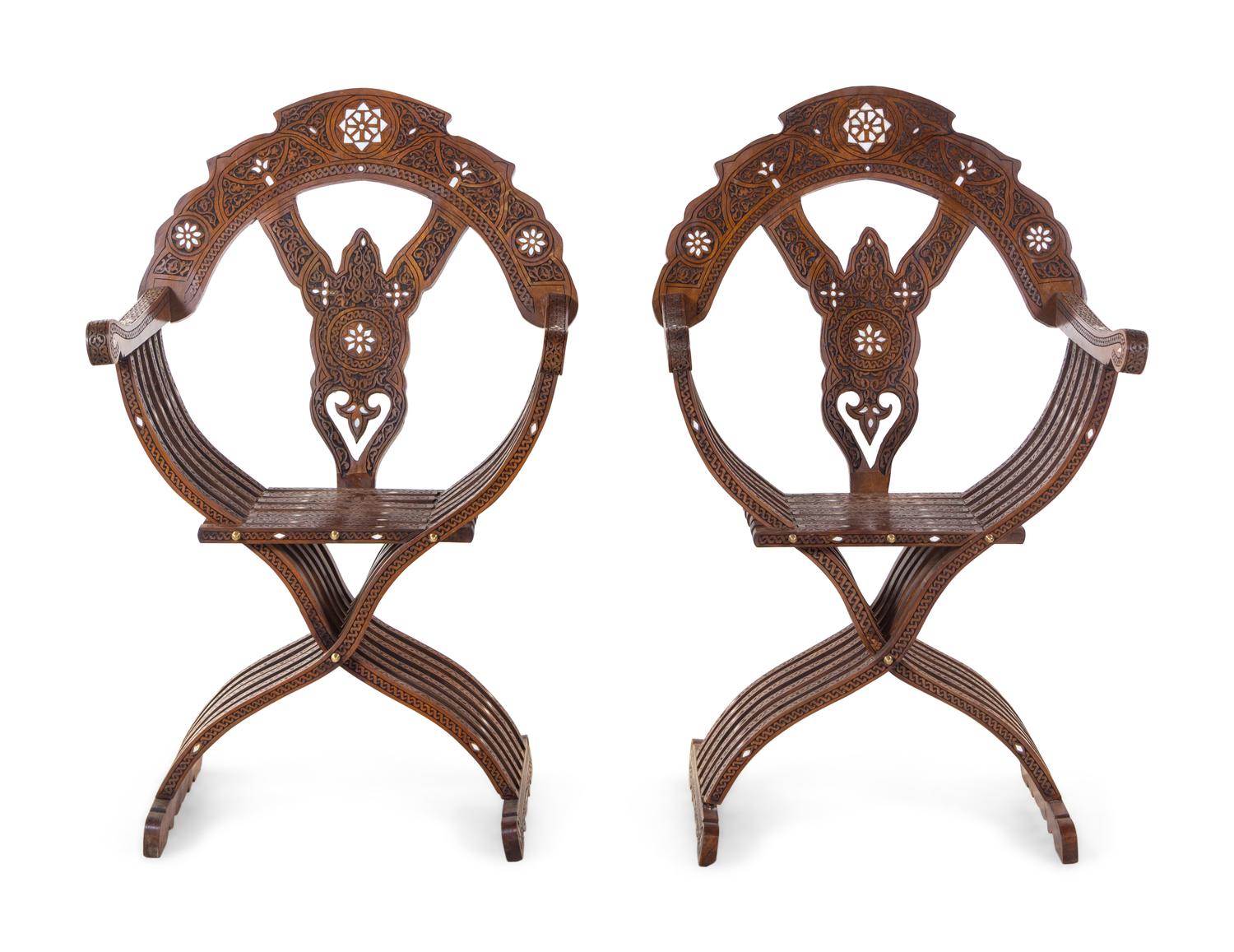A Pair of Syrian Mother-of-Pearl Inlaid Walnut Savonarola Chairs