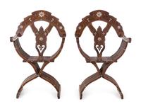 A Pair of Syrian Mother-of-Pearl Inlaid Walnut Savonarola Chairs