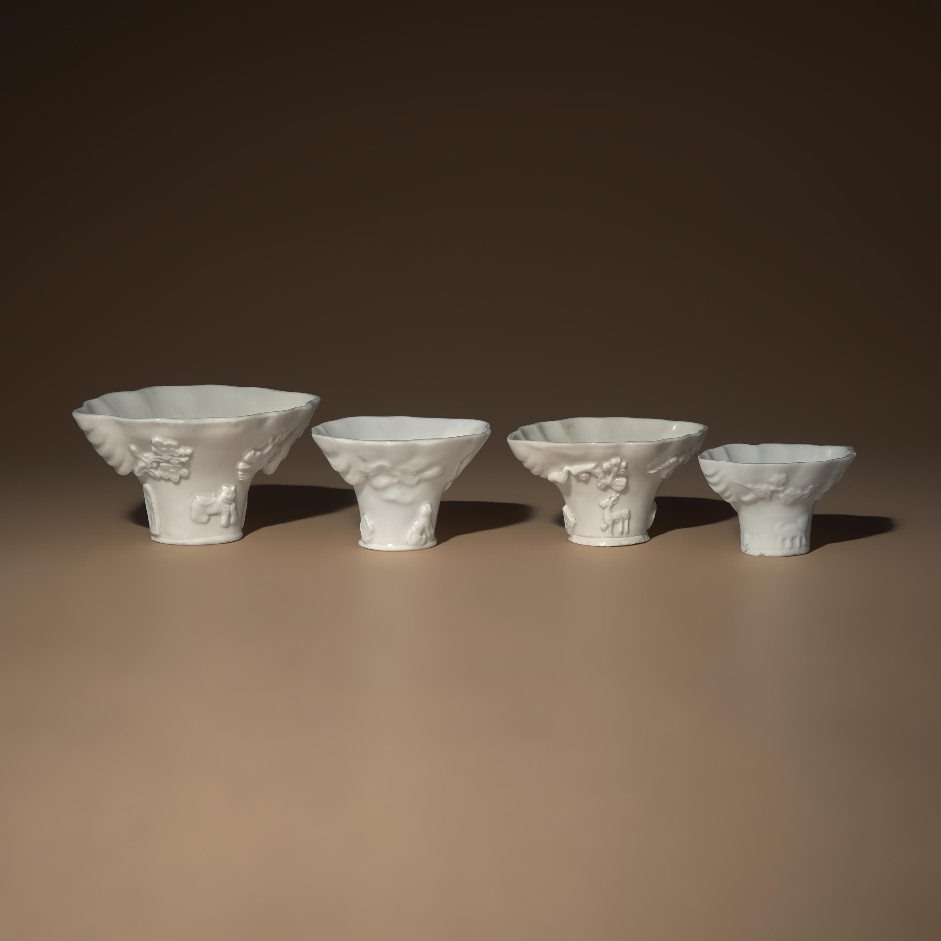 Four Chinese Blanc-de-Chine Porcelain Libation Cups, 18th Century — 清中期 德化白瓷瑞獸靈芝杯四件
