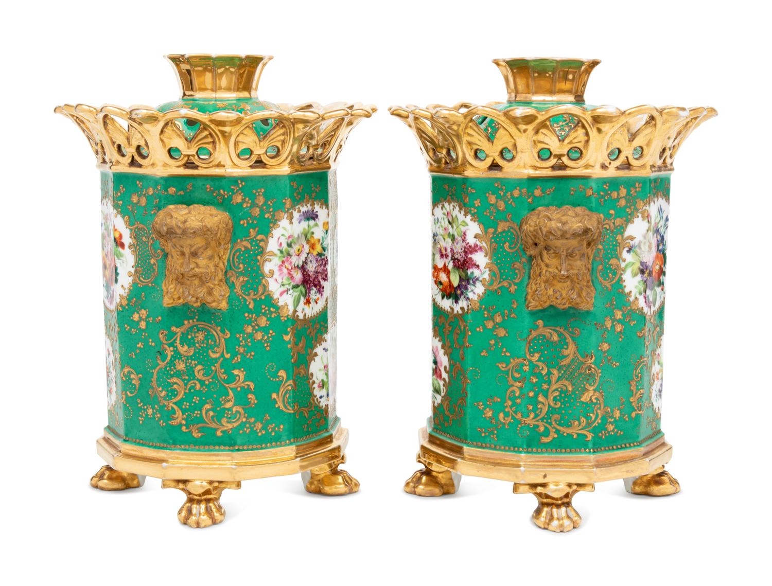 A Pair of French Green-Ground Porcelain Potpourri Urns