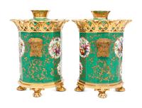 A Pair of French Green-Ground Porcelain Potpourri Urns