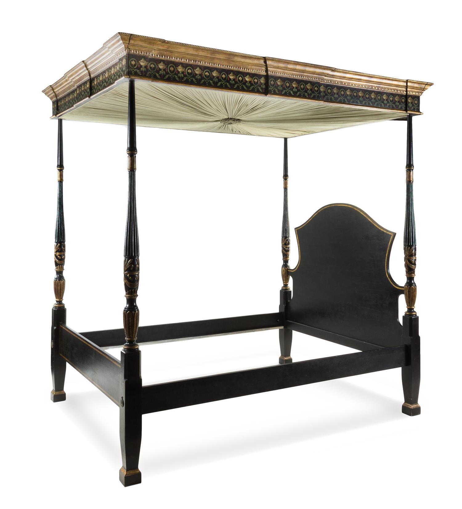 A Regency Style Parcel Gilt Ebonized Canopy Bed Height of headboard 95 x width 65 inches. — AMY HOWARD, 20TH CENTURY