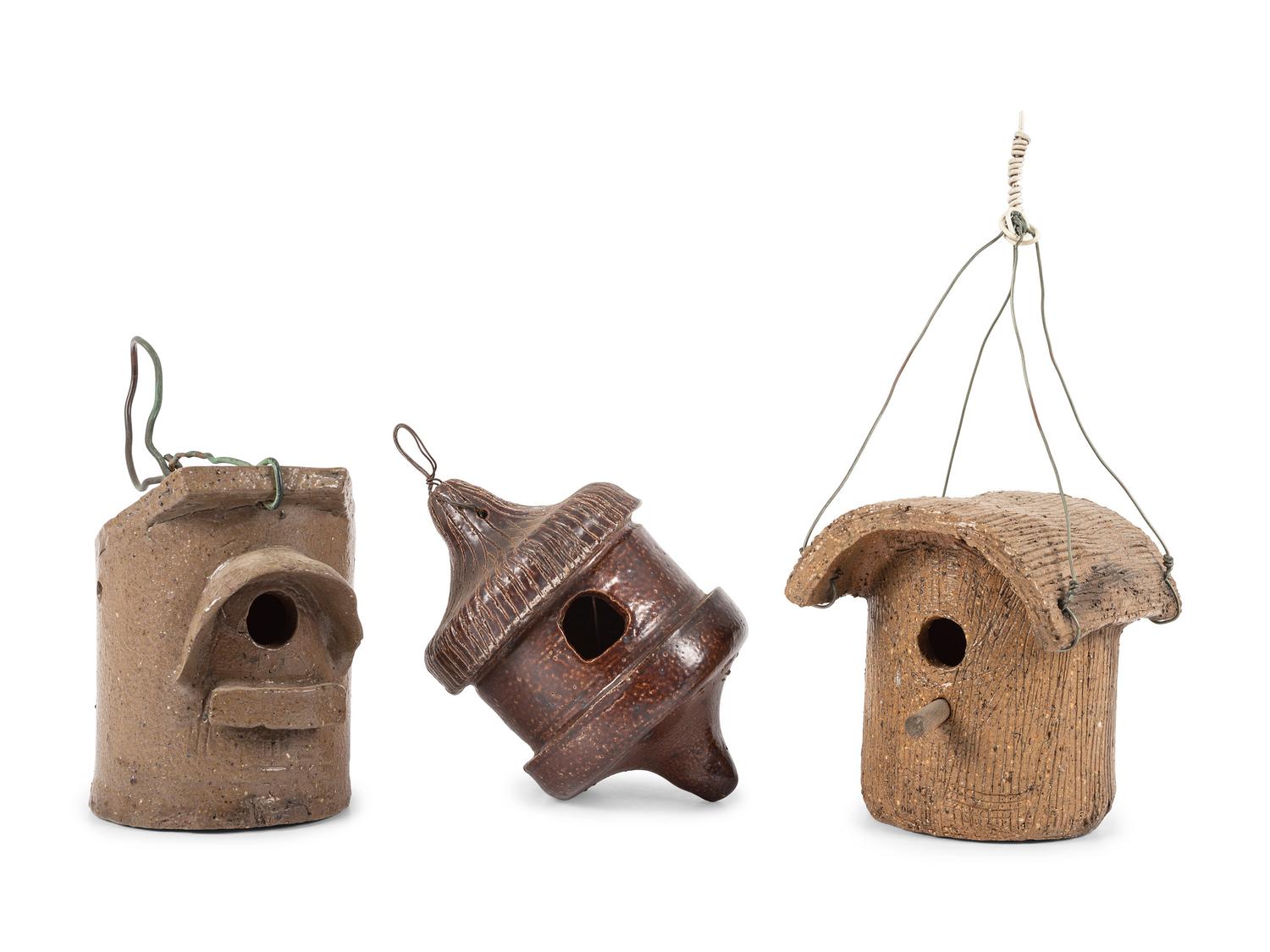 Three Sewer Tile and Stoneware Birdhouses