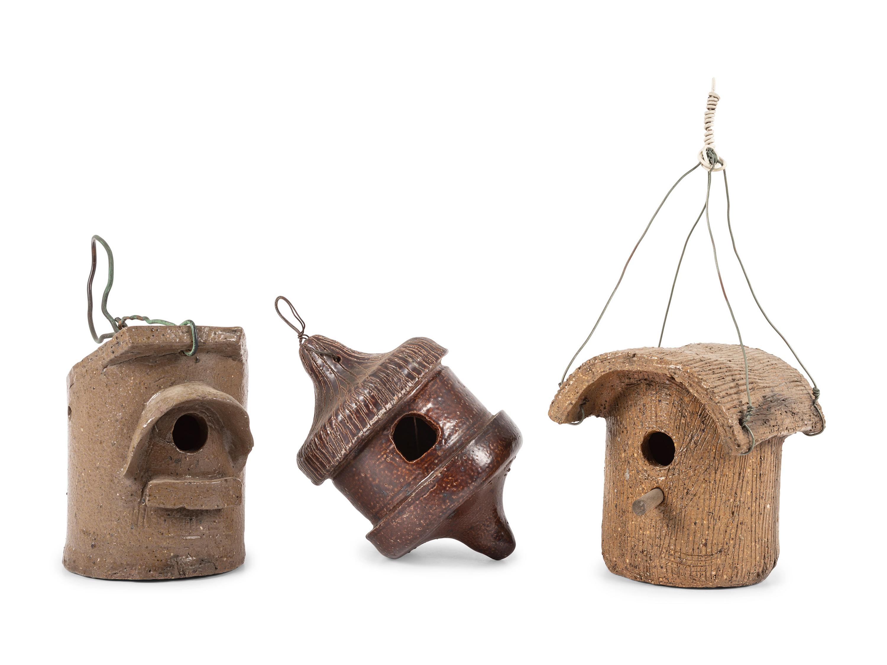 Three Sewer Tile and Stoneware Birdhouses
