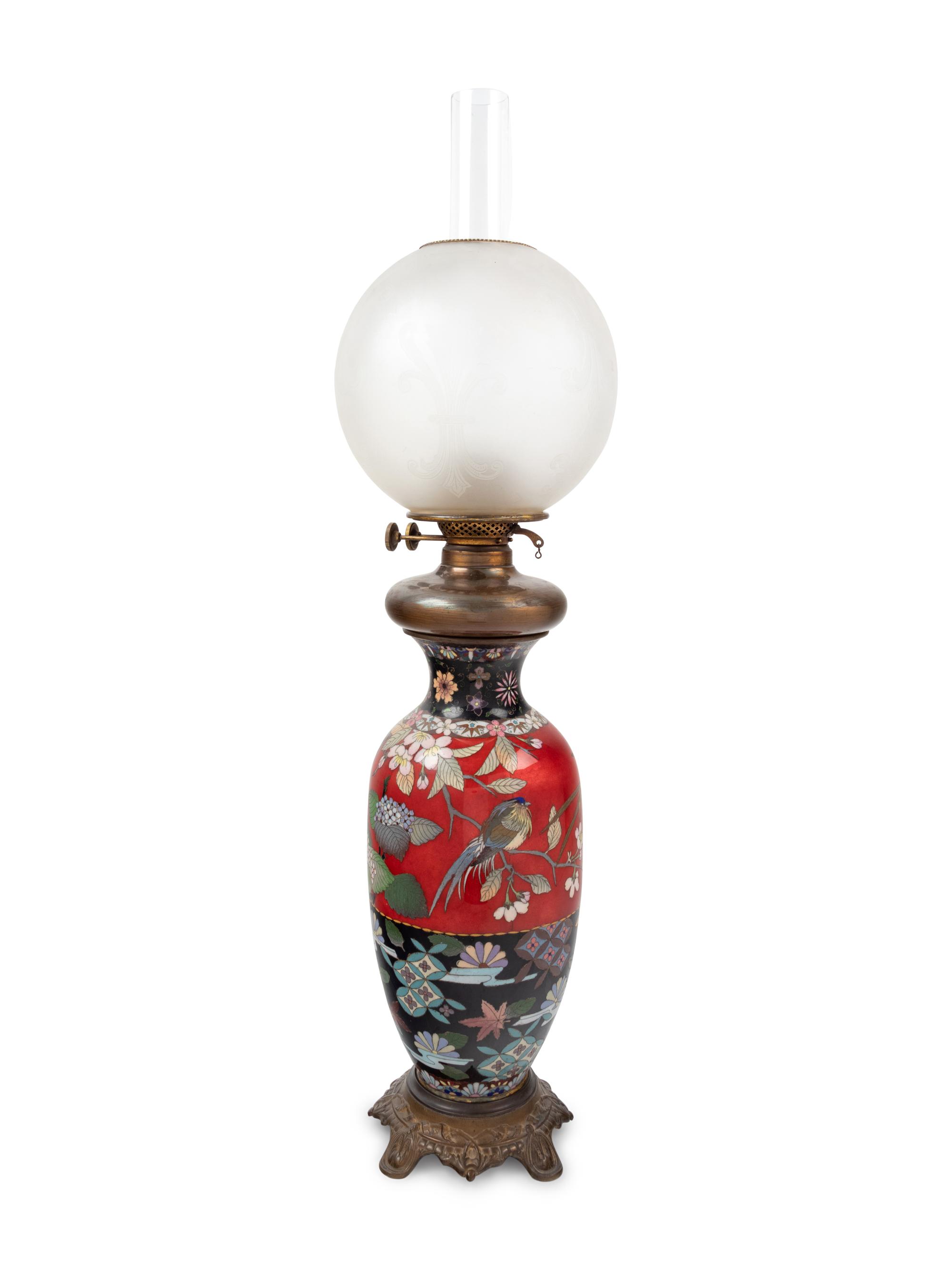 A Japanese Cloisonné Enamel Decorated Oil Lamp