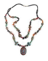 A Tibetan Hardstone Inset Metal Necklace