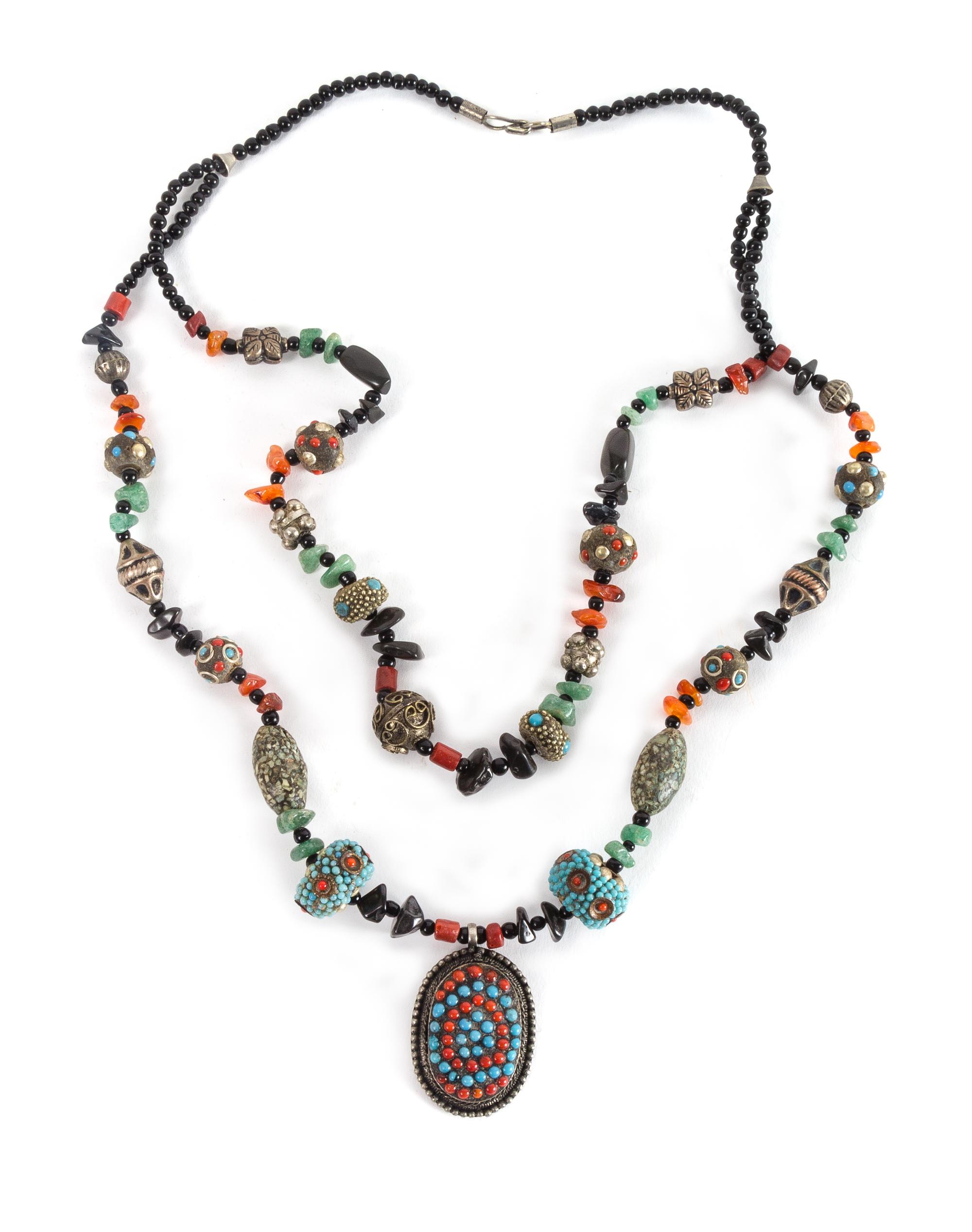 A Tibetan Hardstone Inset Metal Necklace