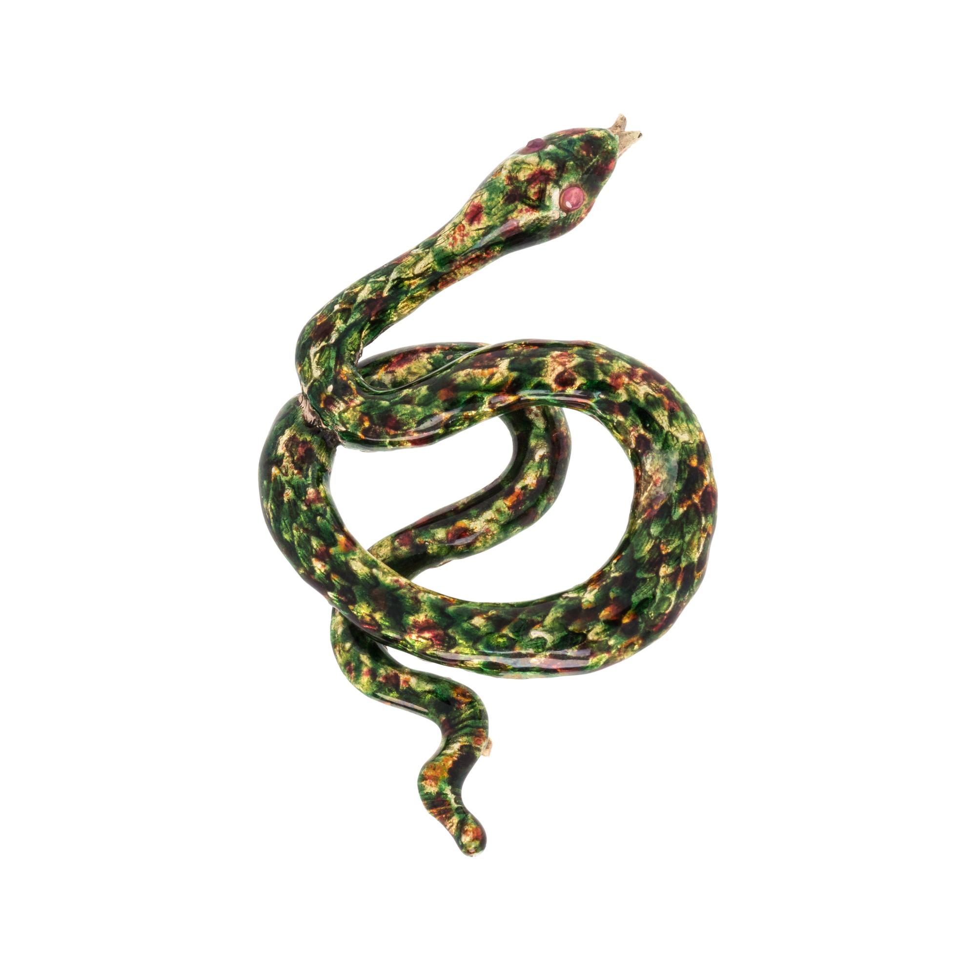 YELLOW GOLD AND POLYCHROME ENAMEL SNAKE BROOCH