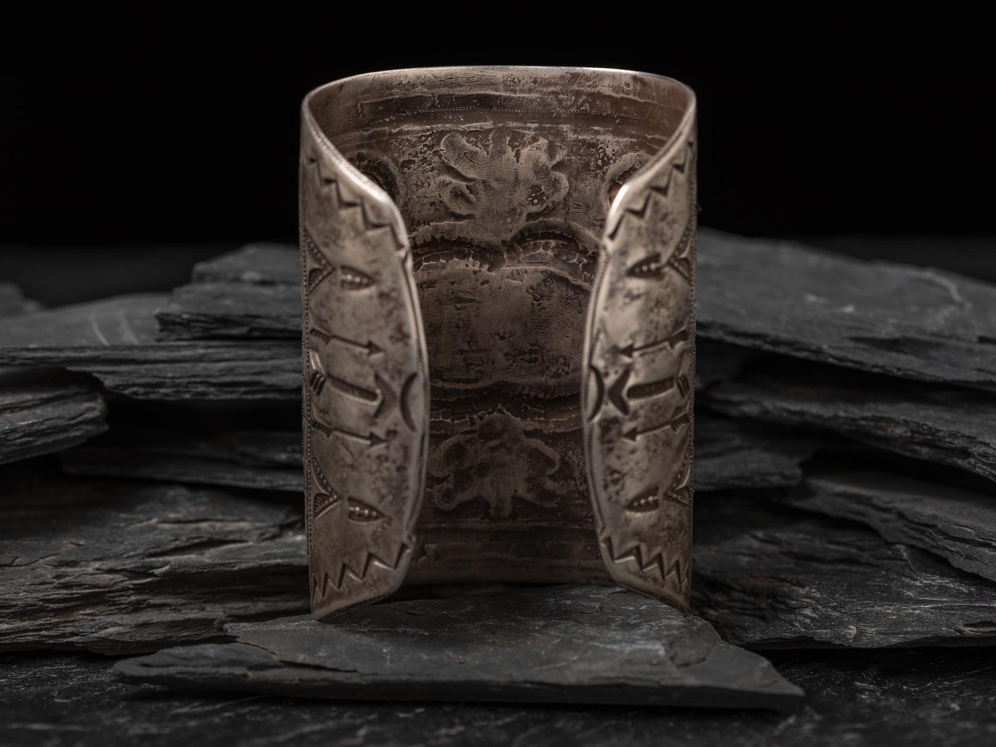 Wide Heavily Stamped Navajo Cuff Bracelet, with Turquoise