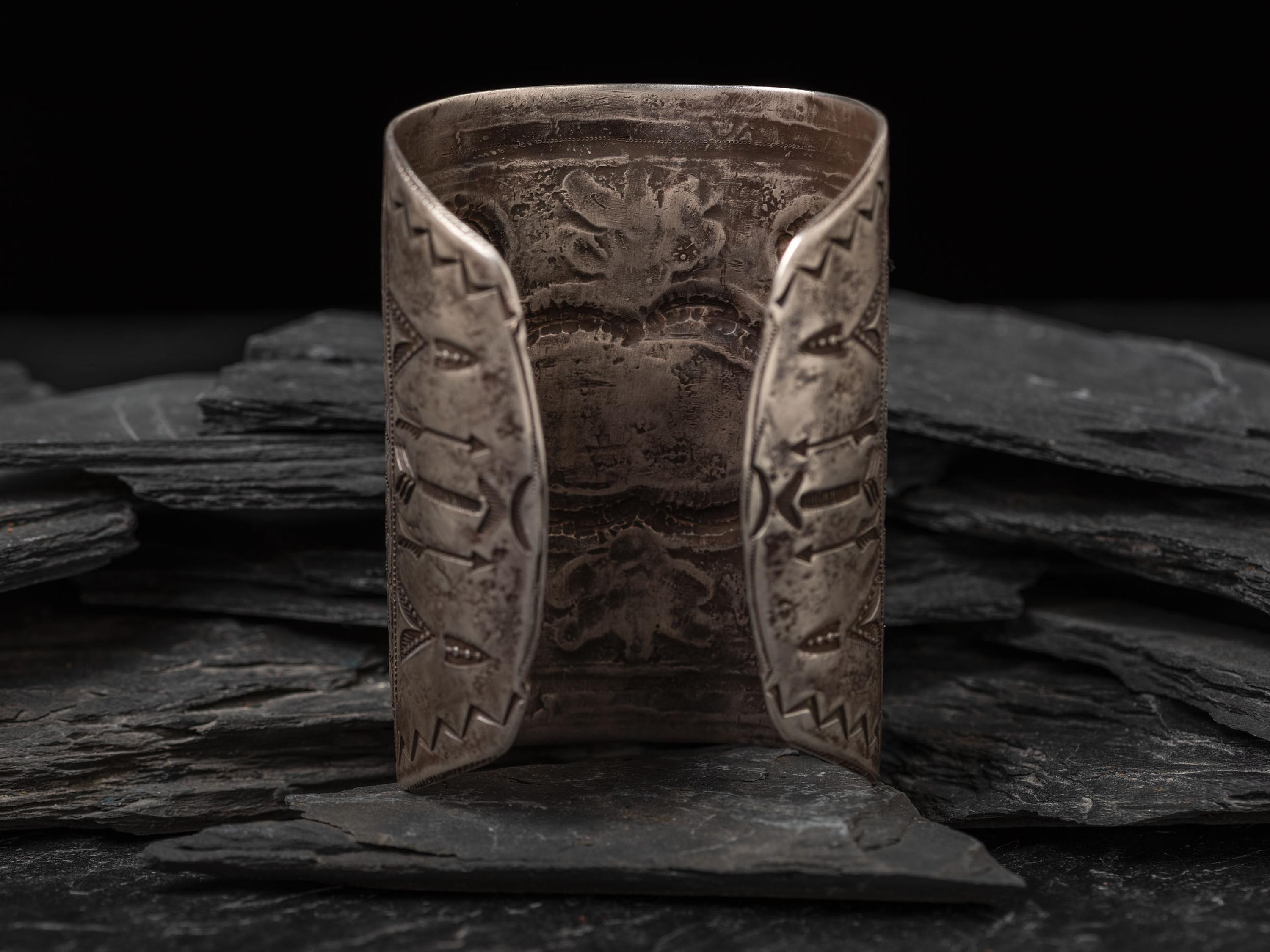 Wide Heavily Stamped Navajo Cuff Bracelet, with Turquoise