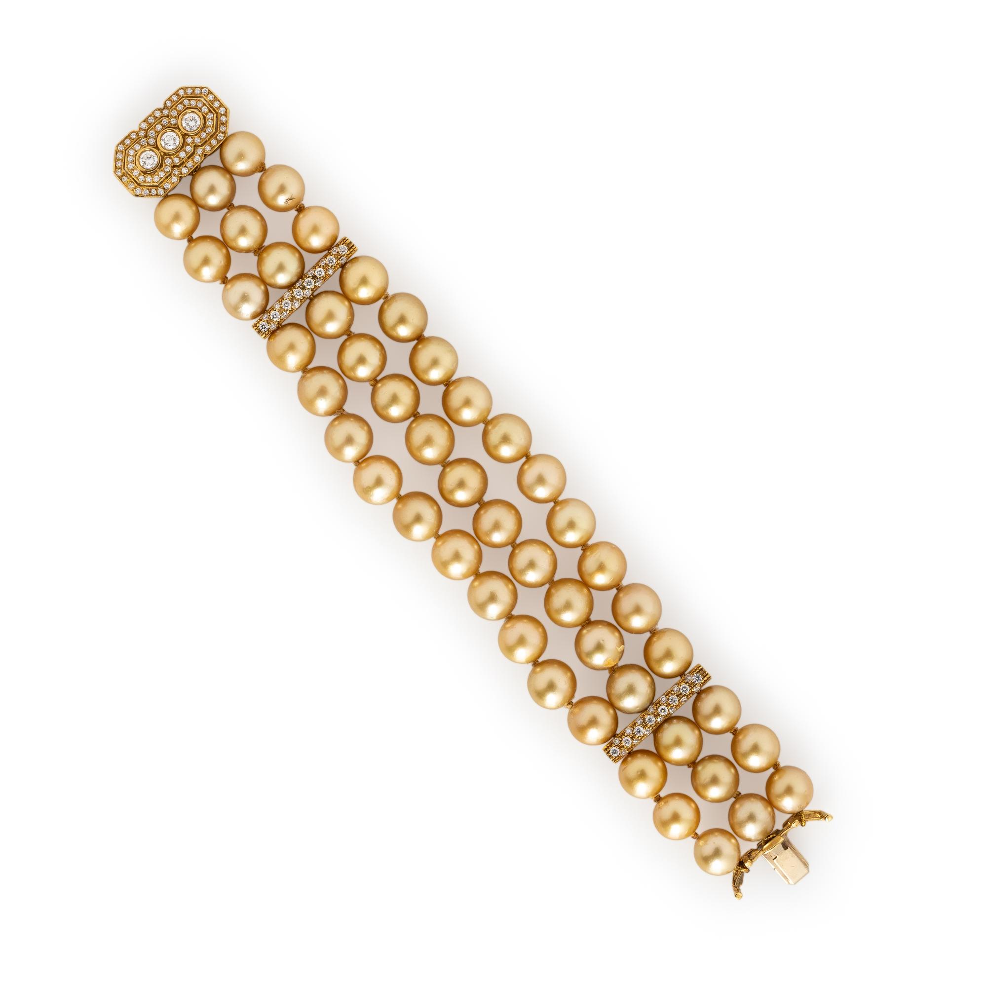 CULTURED GOLDEN PEARL, DIAMOND, AND YELLOW GOLD BRACELET