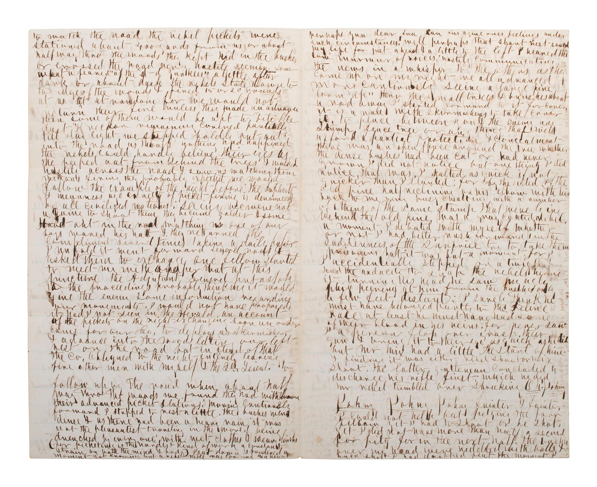 [CIVIL WAR]. Soldier's letter describing shooting a Confederate soldier by William Henry Mix, Company K, 2nd New Hampshire Infantry, WIA at Gettysburg. "Near Harrison's Landing, Va," 11 July 1862.