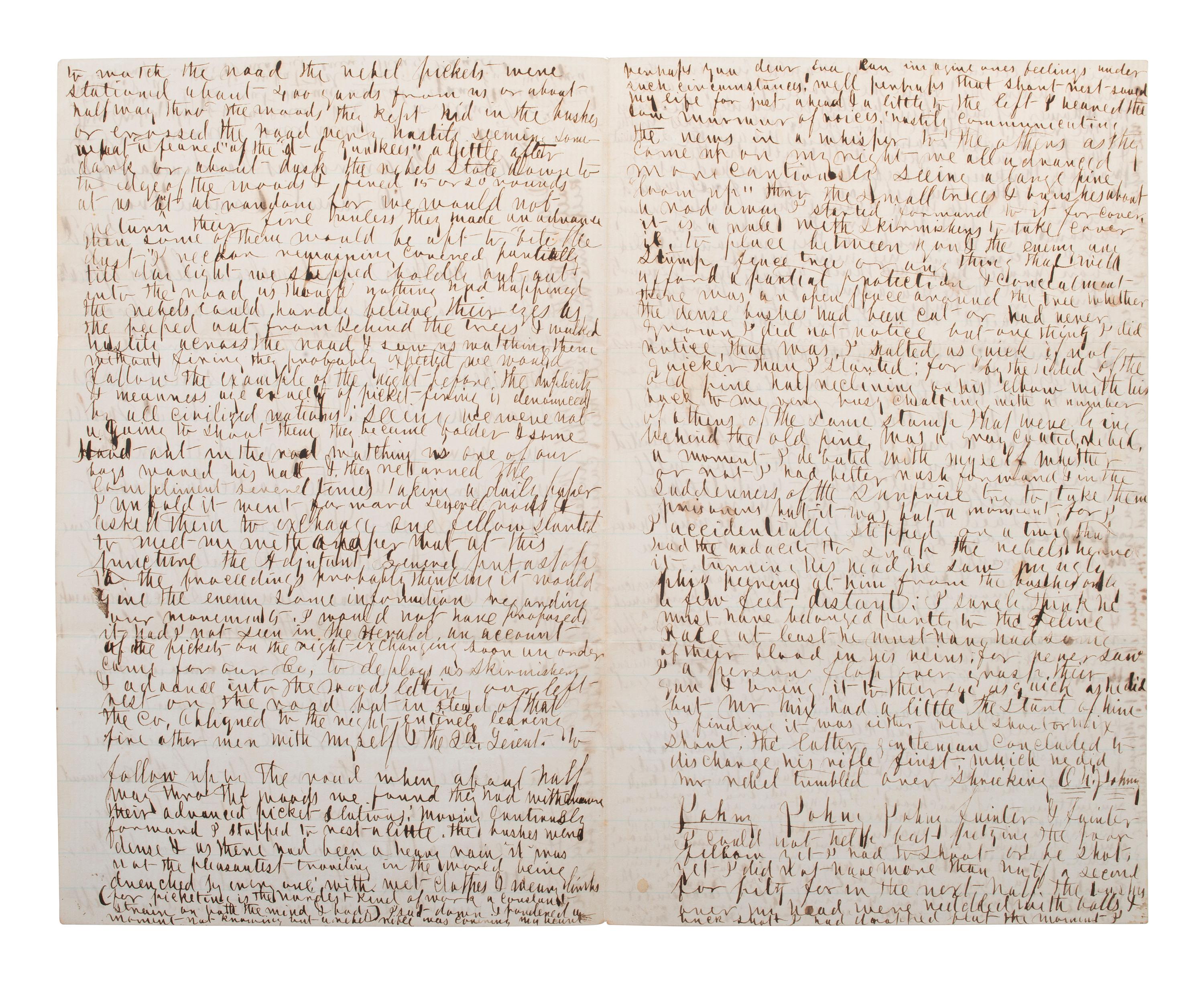 [CIVIL WAR]. Soldier's letter describing shooting a Confederate soldier by William Henry Mix, Company K, 2nd New Hampshire Infantry, WIA at Gettysburg. "Near Harrison's Landing, Va," 11 July 1862.