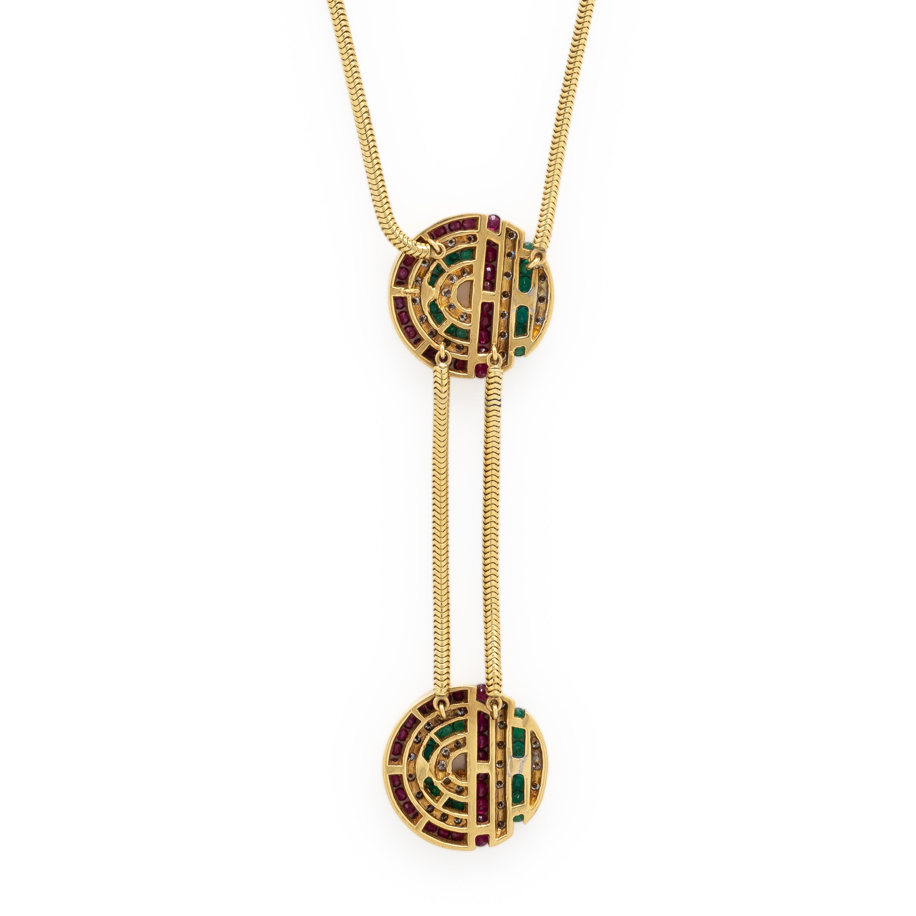 Diamond, Ruby, Emerald, and Yellow Gold Necklace