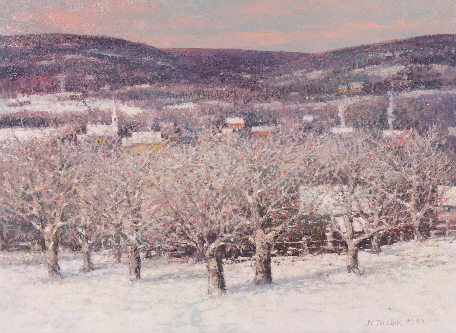 John C. Terelak, (American, b. 1942), Snow on Apple Blossom Orchard, Vermont, 1990